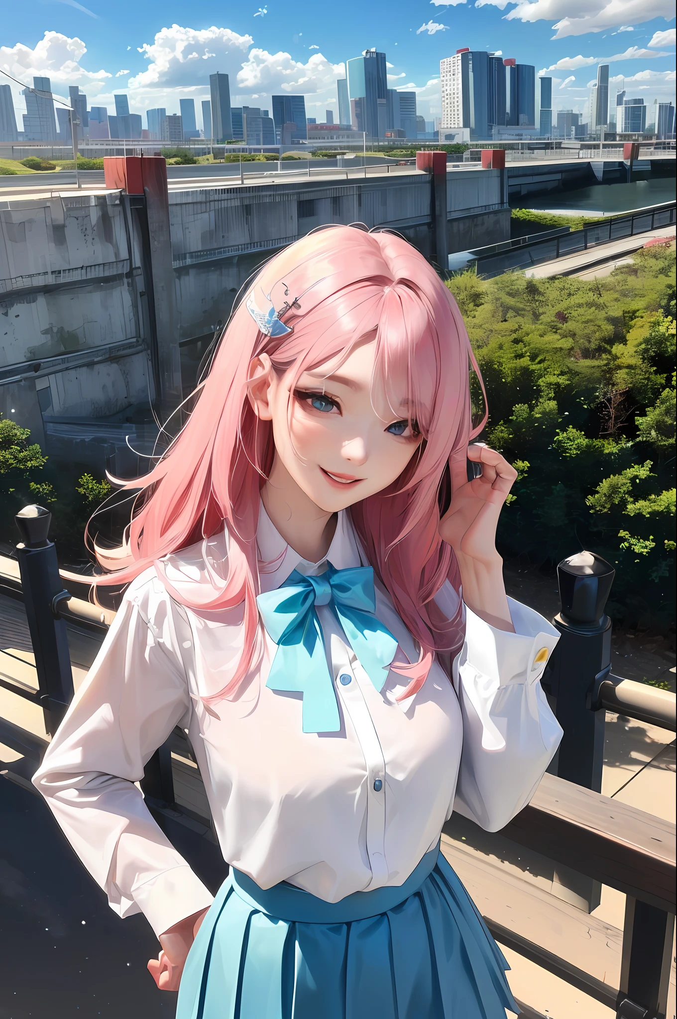 official art, masterpiece, sharp focus, (beautiful gorgeous cute Korean woman:1.3), (beautiful cute korean:1.3), korean beauty, Delicate and beautiful hair and eyes and face, realistic, ultra detailed, beautiful girl, blue sky, glow white particle, (sidelighting:1.2), sun light, white cloud, detailed clouds, slender, Lovely very large breasts and very large hips, smile with teeth, ((smile with eyes, open both eyes)), scenery, long straight hair, sexy facial expression, building, (cityscape:1.7), dynamic hair, long straight hair, detailed platinum pink hair, glow blue eyes, (blue pleated shirts + white skirt), white long socks, pale skin, hair ornament, epic scenery,