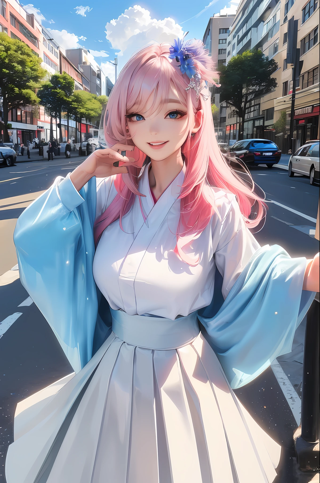 official art, masterpiece, sharp focus, (beautiful gorgeous cute Korean woman:1.3), (beautiful cute korean:1.3), korean beauty, Delicate and beautiful hair and eyes and face, realistic, ultra detailed, beautiful girl, blue sky, glow white particle, (sidelighting:1.2), sun light, white cloud, detailed clouds, slender, Lovely very large breasts and very large hips, smile with teeth, ((smile with eyes, open both eyes)), scenery, long straight hair, sexy facial expression, building, (cityscape:1.7), dynamic hair, long straight hair, detailed platinum pink hair, glow blue eyes, (blue pleated shirts + white skirt), white long socks, pale skin, hair ornament, epic scenery,