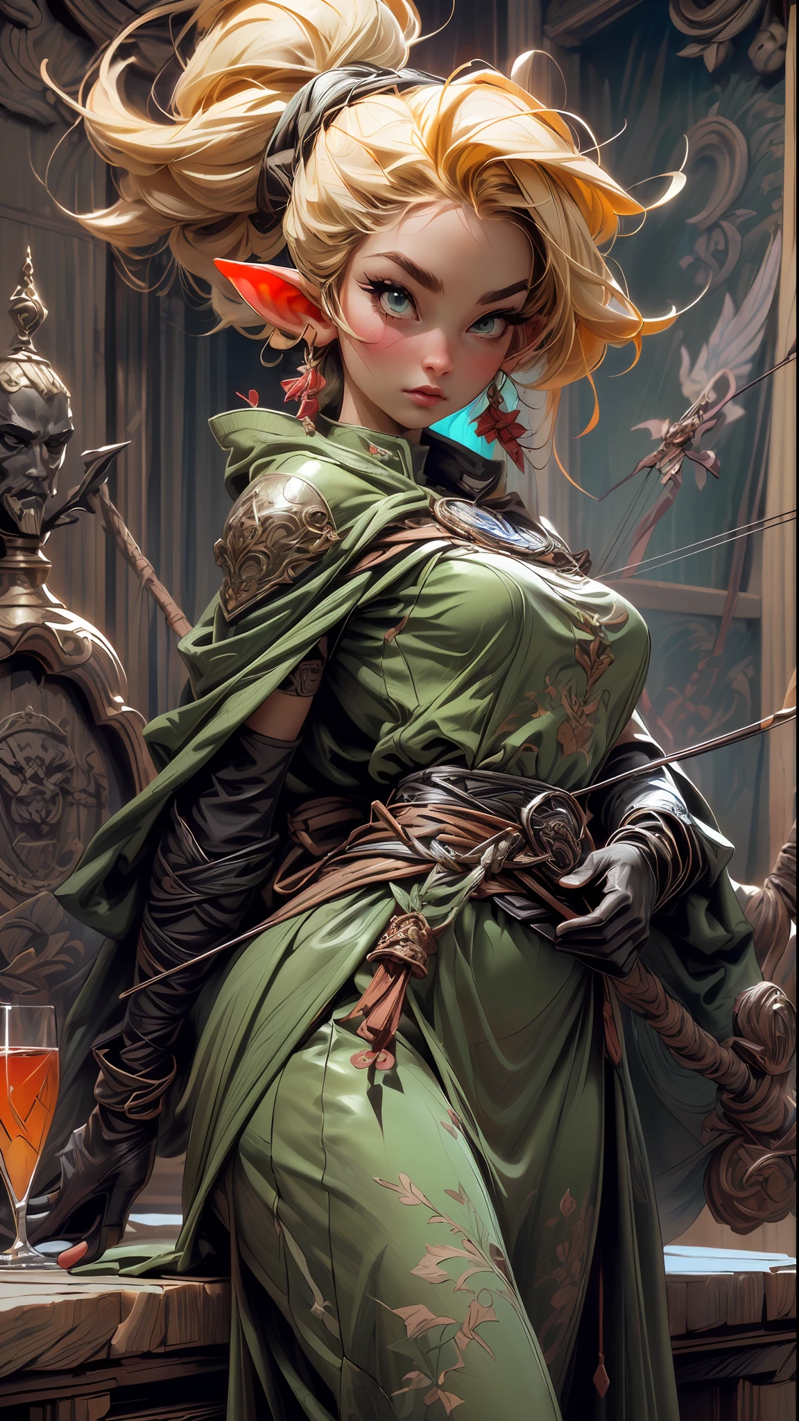 (skindentation:1.5), realistic, photorealistic, (masterpiece:1.5), concept art, intricate details, highly detailed, octane render, 8k, unreal engine, dynamic pose, best quality, highres, ((dramatic)), epic, depth of field, 8k, particles, (realistic face:1.1, hyperrealistic:1.1), ((1girl, close-up, medium breasts, perfect eyes, detailed eyes, high quality eyes, perfect face, high quality face, shiny skin:1.2, shiny face:1.2, embarrassed, blush:0.8, green eyes)), server, rustic tavern interior in background, pitcher, sign, jovial fantasy atmosphere, detailed background, blurry wooden bar table as foreground, (((elf, pointy ears, blonde hair, perfect hands))), ((archer, archery, extremely intricate cloak, leather armor, leather belt, boots, padded cloth, gloves, bracers, bow, quiver)), Full body, back arch, dagger on the left hand.