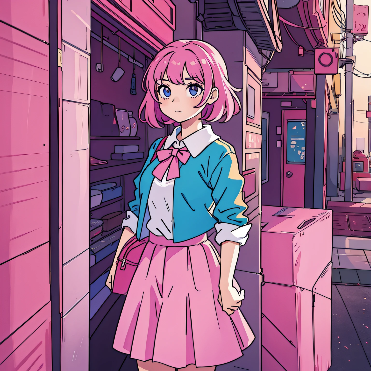 anime girl in a red jacket and white skirt standing in a street, cute art style, urban girl fanart, short hair, glasses, cute smile, loish art style, anime style character, stylized anime, in the art style of 8 0 s anime, anime art style, 8 0 s anime art style, clean detailed anime style, clean artstyle, in an anime style, 2 d anime style