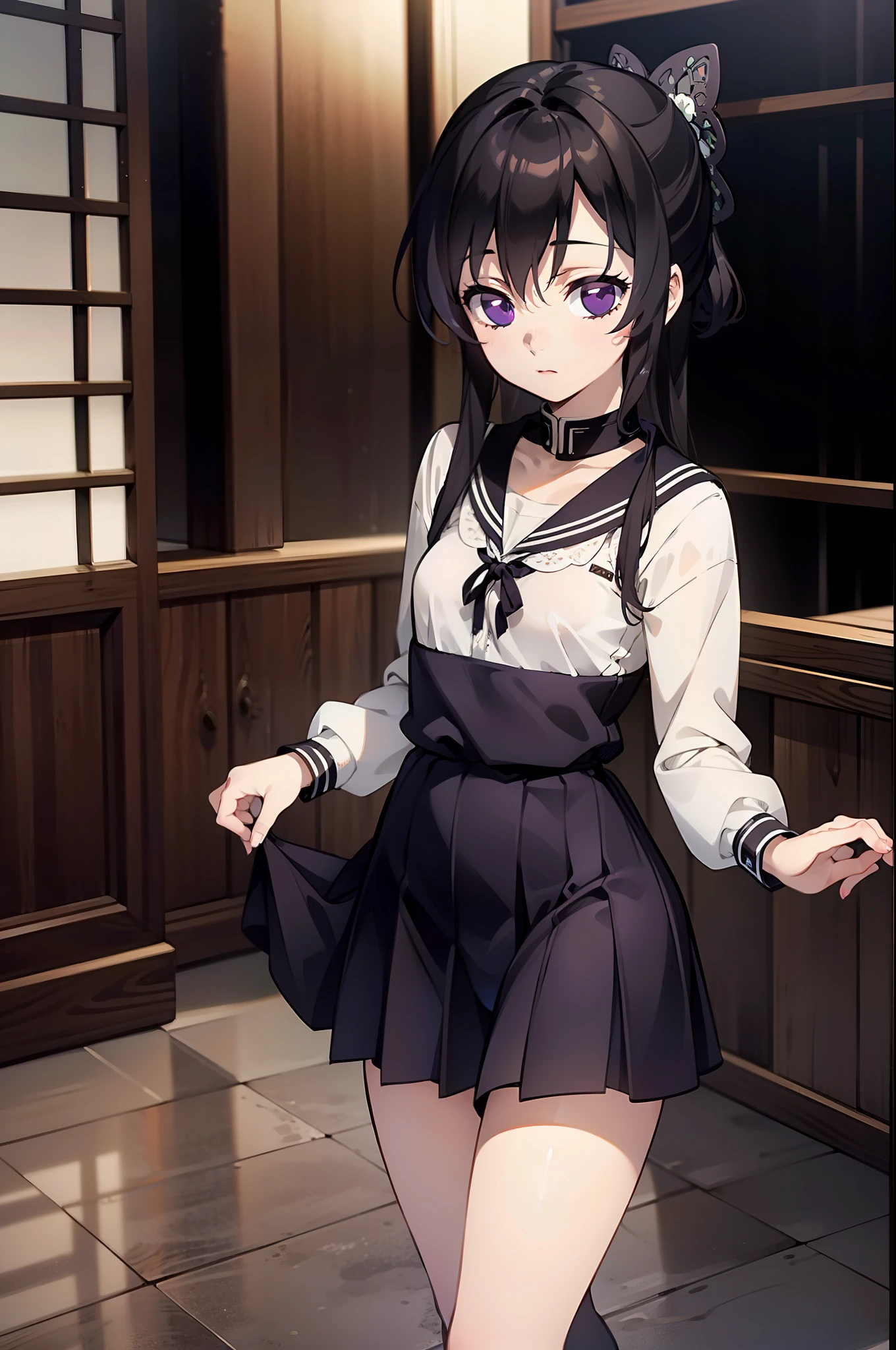 巨作, Best quality, 巨作,Best quality,offcial art,Extremely detailed CG unity 8k wallpaper, artbook, girl, Long hair, Black hair,, see viewer, Purple eyes, Small breasts,Black serafuku, Expressionless