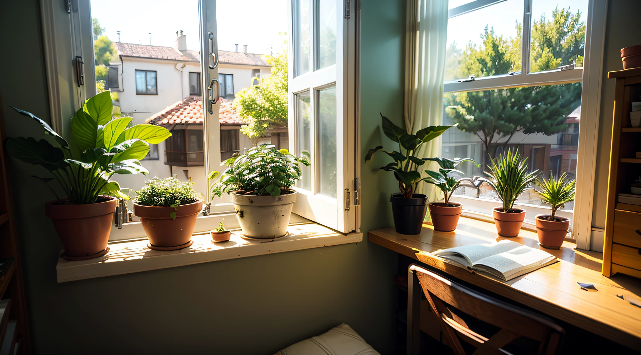 Potted green plants on window, soft sunlight in the background --auto
