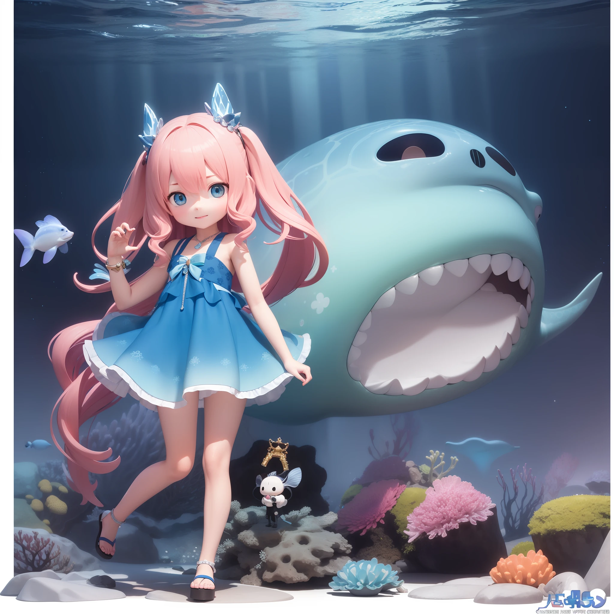 A masterpice、Hi-Def、Front shot、looking at the viewers、
A girl is standing softly on a rock in the deep sea with one leg、 、Colorful、Marine life、Under the sea、Wearing a blue dress with jewel embellishments、Has a glowing ore、Chibichara　Anime characters　figurine　。.3D