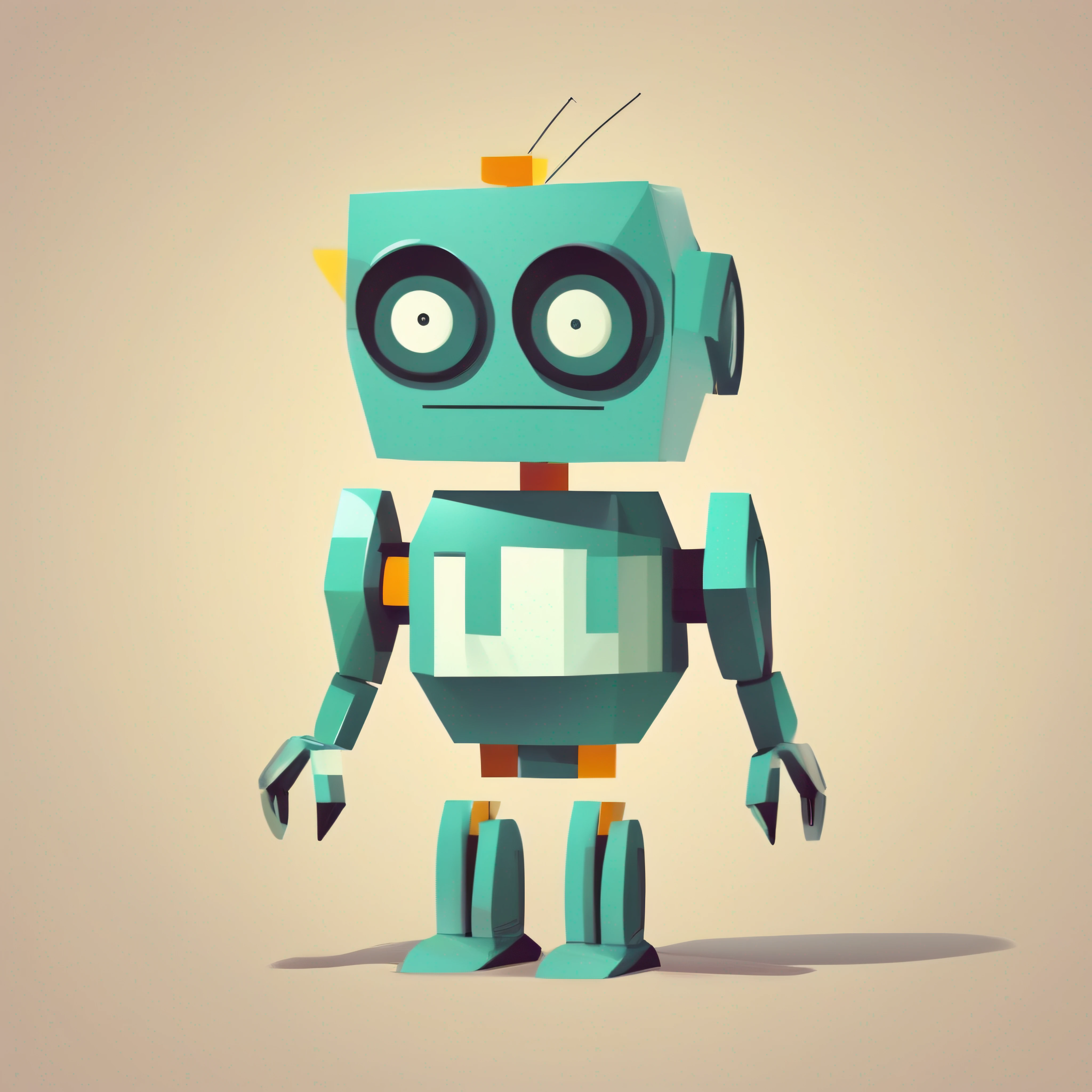 Minimalist and flat robot character, com linhas e contornos bem definidos. Design centrado, simple, geometric shapes, solid colors. Expressivo, olhos grandes, able to convey emotions. Modern appearance, suave e robusta. It has peculiar and unique elements. Criado no estilo de John Lasseter.