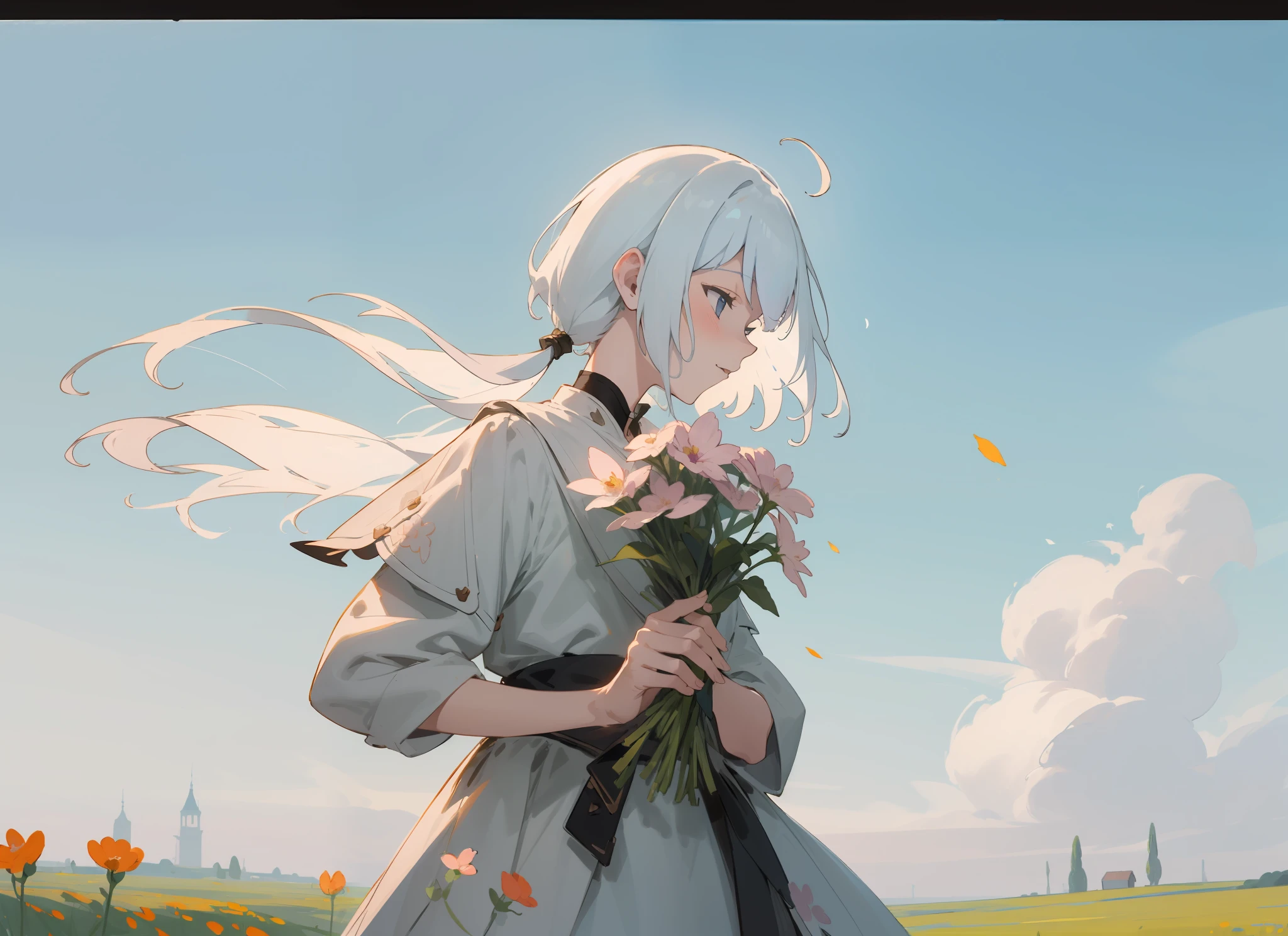styled, masterpaintings, optimal quality, Special details, illustration,Sweet interaction,Tuuli,florals,Correct proportions,Lover holding flowers,Atmosphere of love,Fresh tones,Simple background,Girls have long white hair,The boy has short white hair,