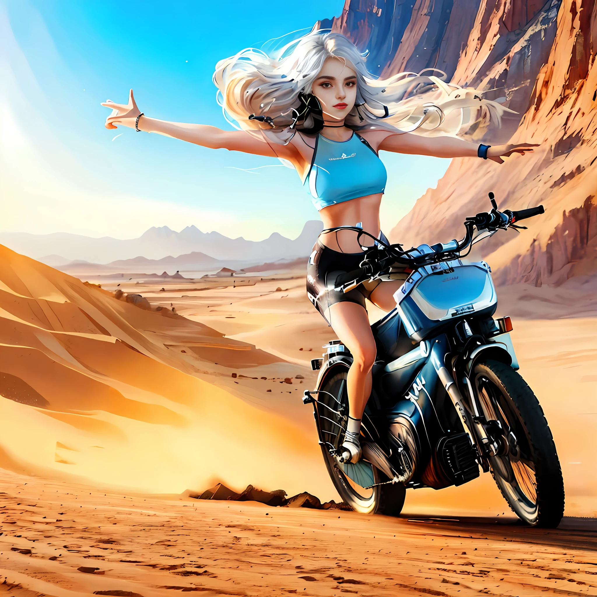 Silver-haired woman riding her bicycle in the desert with her arms outstretched, airbrush digital art, pilotando uma bicicleta moderna, arte conceitual da bicicleta, stylized digital illustration, airbrush digital oil painting, pilotando uma bicicleta, bicicleta, digital airbrush painting, ciclista, arte de fundo, Fantasia do deserto de areia, arte digital detalhada, bicicletas, bela arte digital