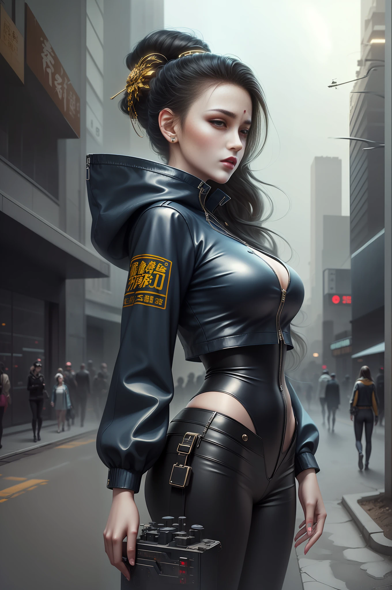 ((4K,巨作,Best quality)), shuimobysim,There are a lot of people walking down the street, futuristic dieselpunk street, alexey egorov, wojtek fus, sergey zabelin, photograph of a techwear woman, cyberpunk high fashion, Liu Yifei，fashionable futuristic woman, dystopian scifi outfit, cyberpunkoutfit, tight navy-blue leather outfit, cgsociety 9