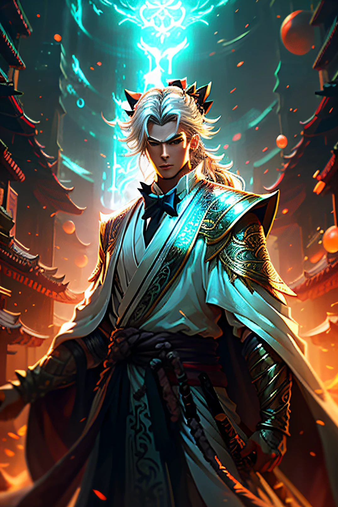 A boy, Sword Fairy, dragon cloth robe, fighting Warcraft, Anime fantasy artwork, Chinese fantasy, White hair, ponytailhair, Mini top hat, Mini top hat, Hair ribbon, raised eyebrows, High detail, Anime, Anime style, Chiaroscuro, Cinematic lighting, character sheets, ultra high def, Super detail, 巨作