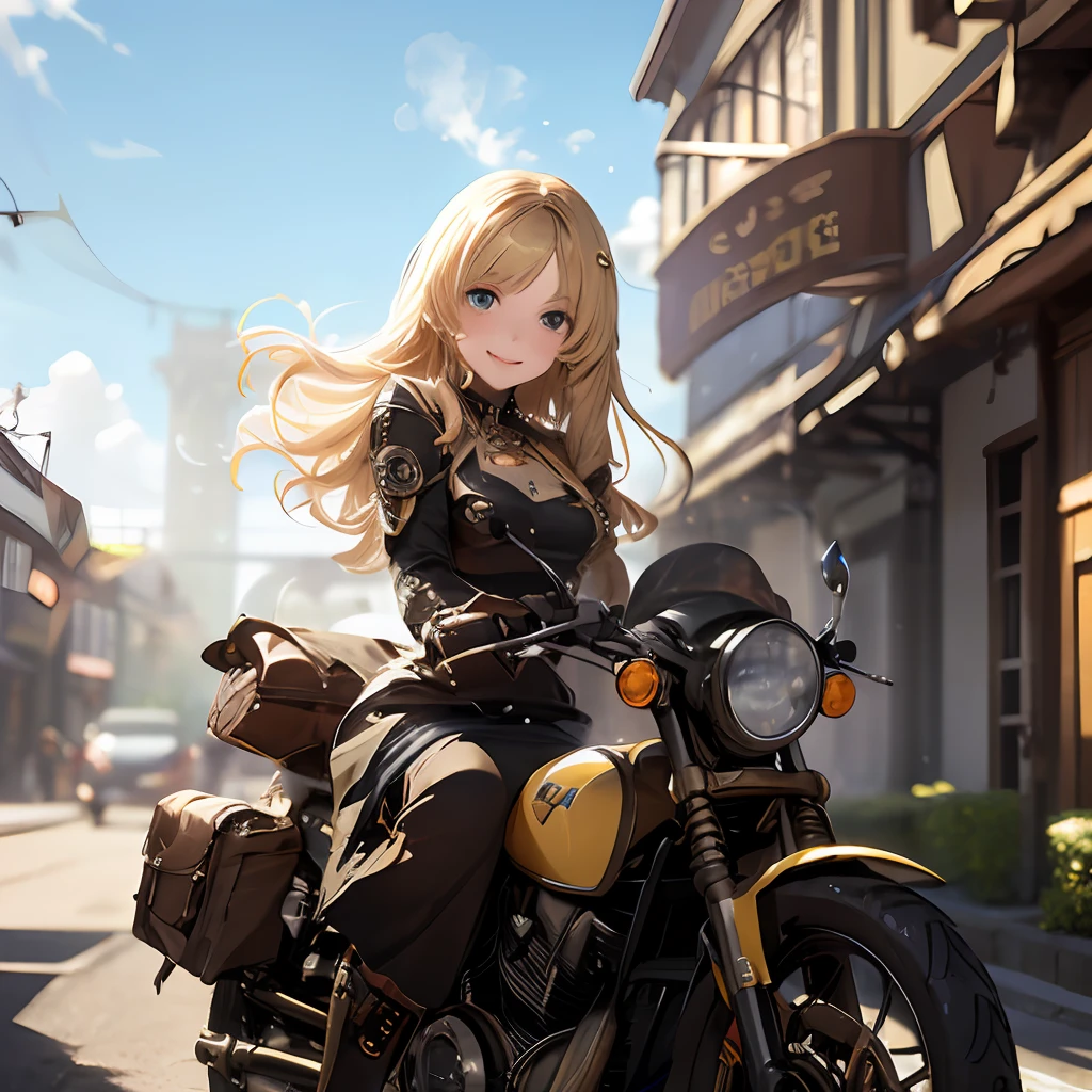 Visually correct、fantasy art behance、lense flares、a scene from a movie、(Realistic:0.4)、pastel drawing、(blur:1.7)、(cdy:1.3)、 absurdist, Hi-Res, Ultra-detailded, (Cute 1 girl:1.3)、Beautiful long blonde hair、transparent haired、(beautiful cute eyes:1.3)、Beautiful skins、(makeup:1.1)、a smile、独奏、Dynamic angles、Refreshing、summer dress、(steam-punk:1.3)、cog、cog、cog、(Cool one-seater motorcycle:1.3)、mechs、pipes、Brass decoration、