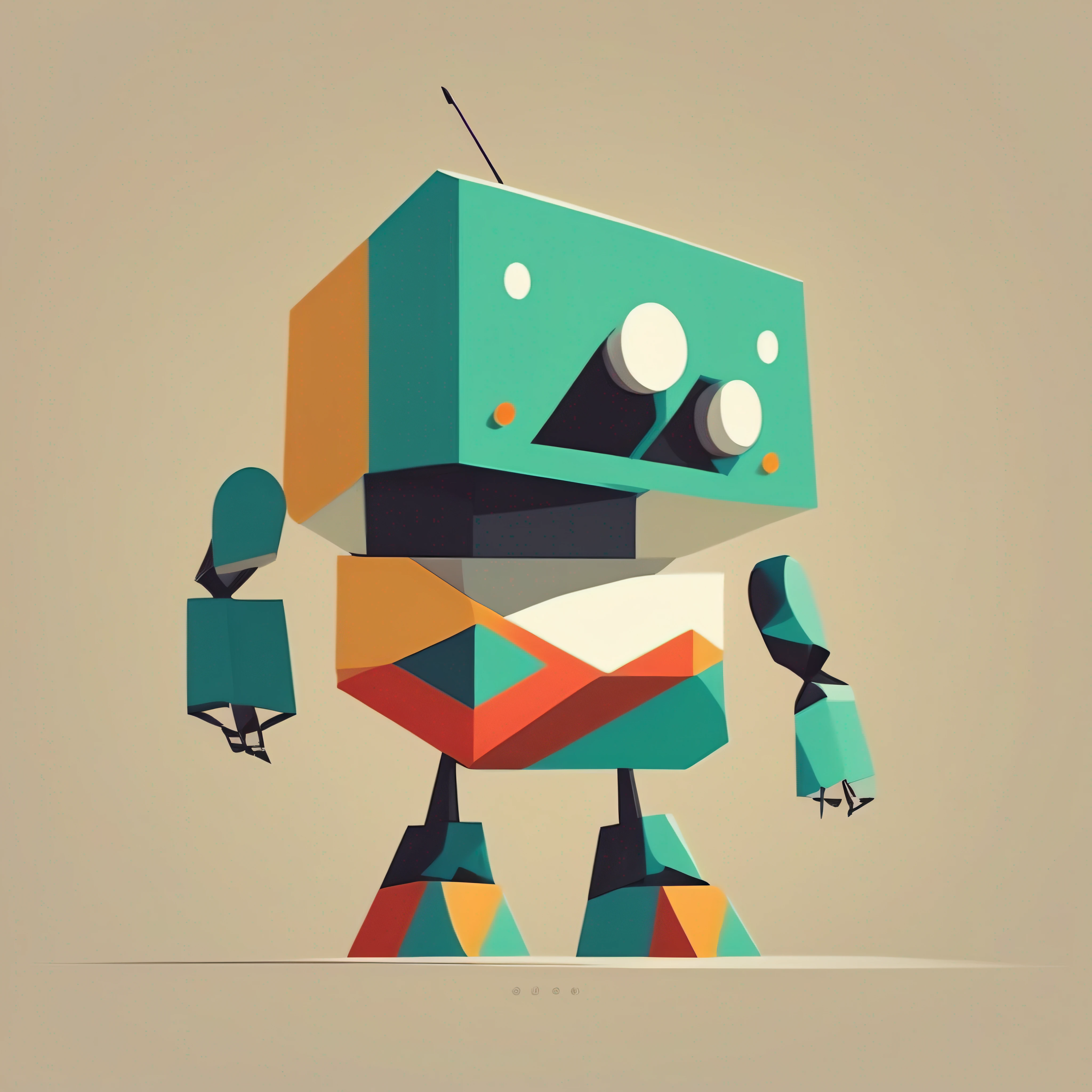 Minimalist and flat robot character, com linhas e contornos bem definidos. Design centrado, simple, geometric shapes, solid colors. Expressivo, olhos grandes, able to convey emotions. Modern appearance, suave e robusta. It has peculiar and unique elements. Criado no estilo de John Lasseter.