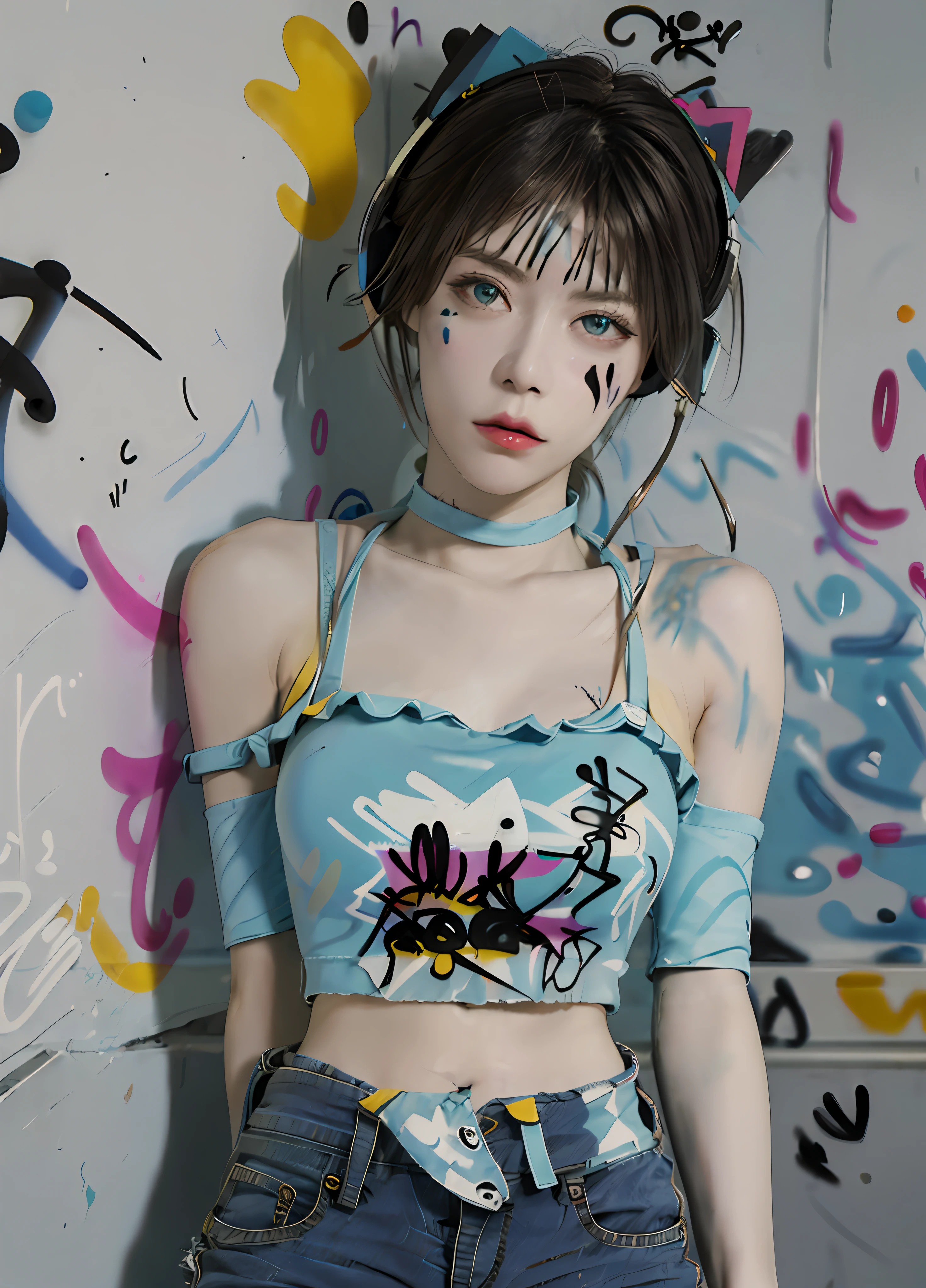 masterpiece, best quality, 1girl, solo, crop top, denim shorts, choker, (graffiti:1.5), paint splatter, arms behind back, against wall, looking at viewer, armband, thigh strap, paint on body, head tilt, bored, multicolored hair, aqua eyes, headset,