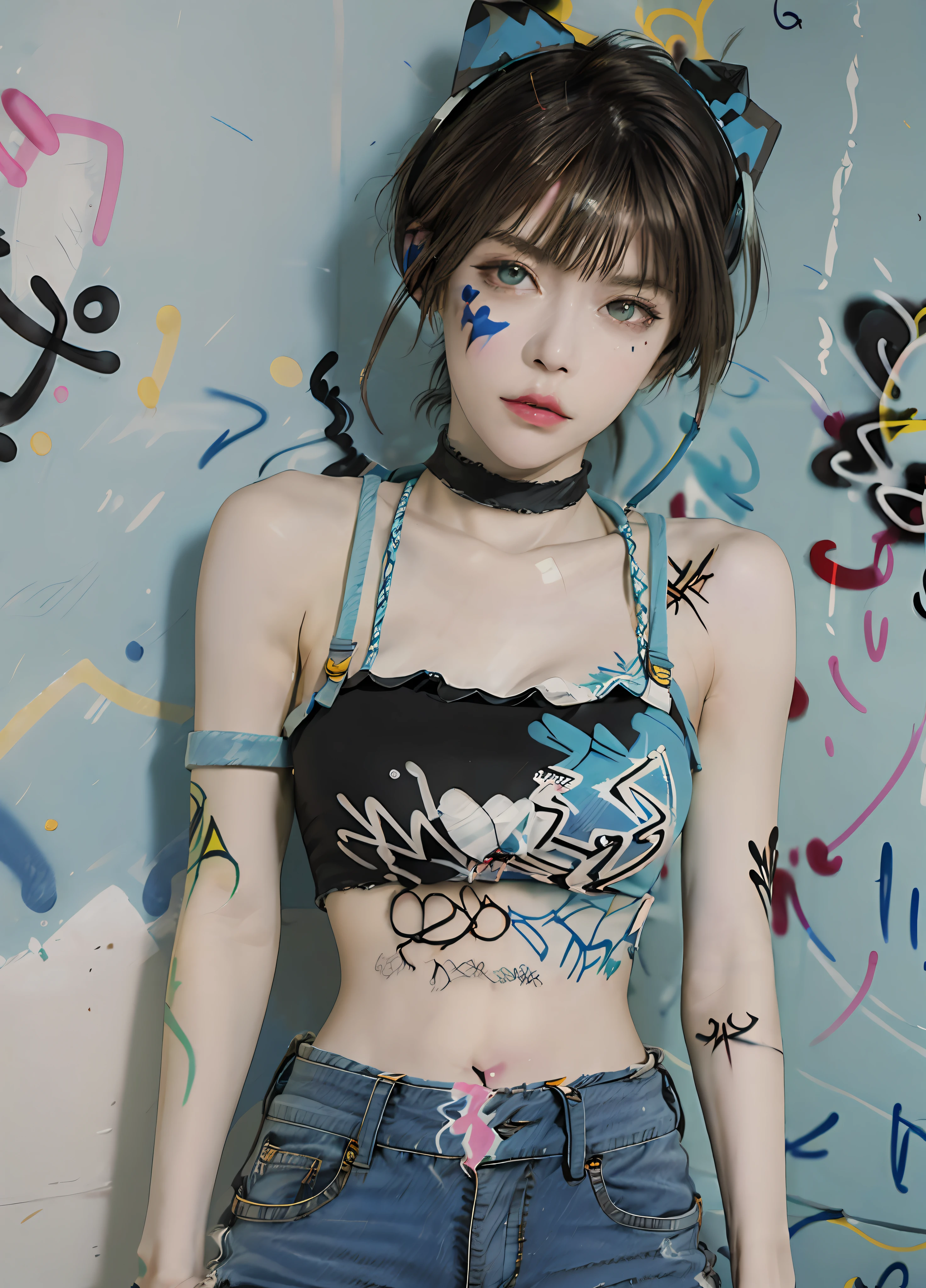 masterpiece, best quality, 1girl, solo, crop top, denim shorts, choker, (graffiti:1.5), paint splatter, arms behind back, against wall, looking at viewer, armband, thigh strap, paint on body, head tilt, bored, multicolored hair, aqua eyes, headset,
