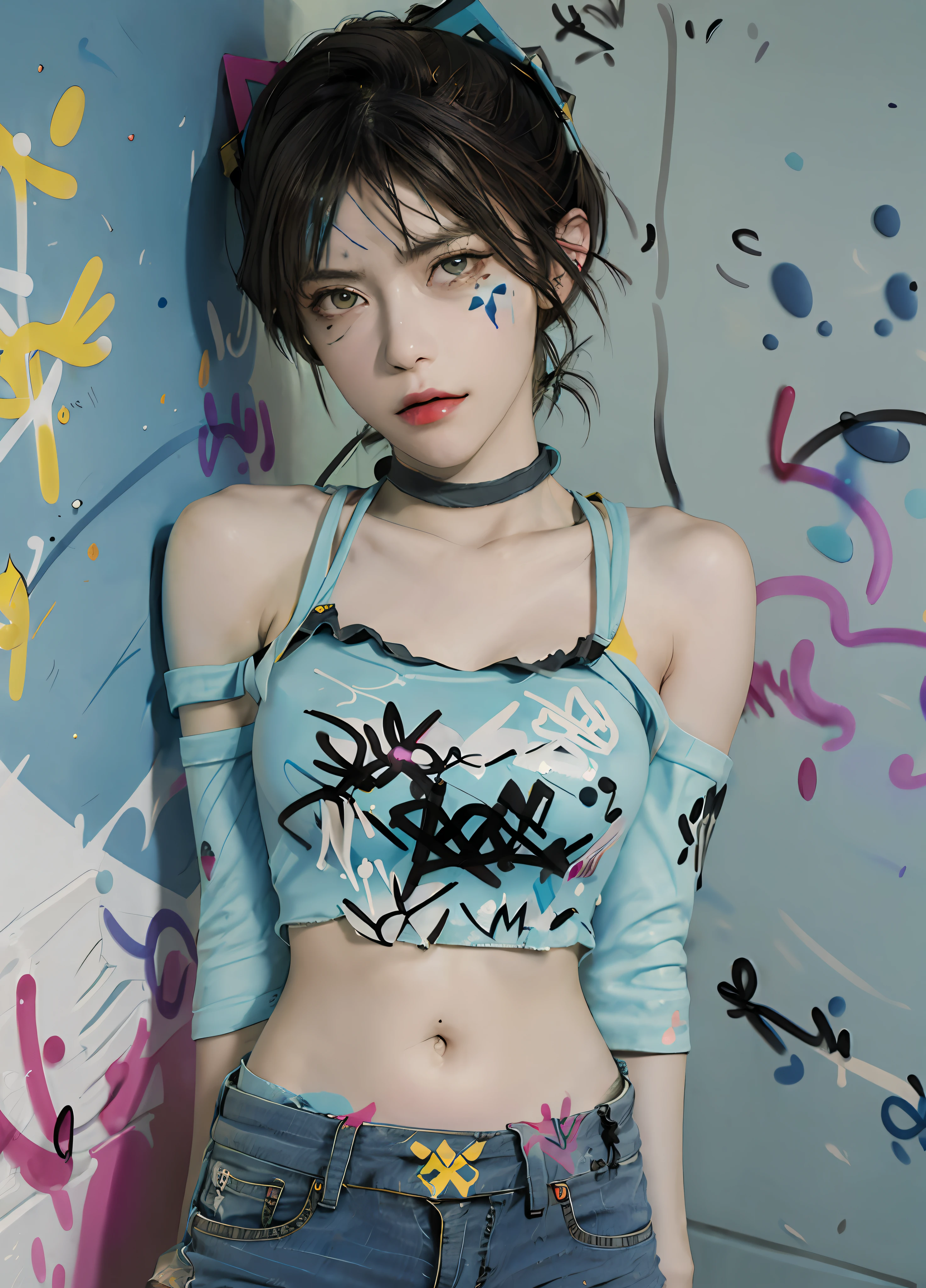 masterpiece, best quality, 1girl, solo, crop top, denim shorts, choker, (graffiti:1.5), paint splatter, arms behind back, against wall, looking at viewer, armband, thigh strap, paint on body, head tilt, bored, multicolored hair, aqua eyes, headset,