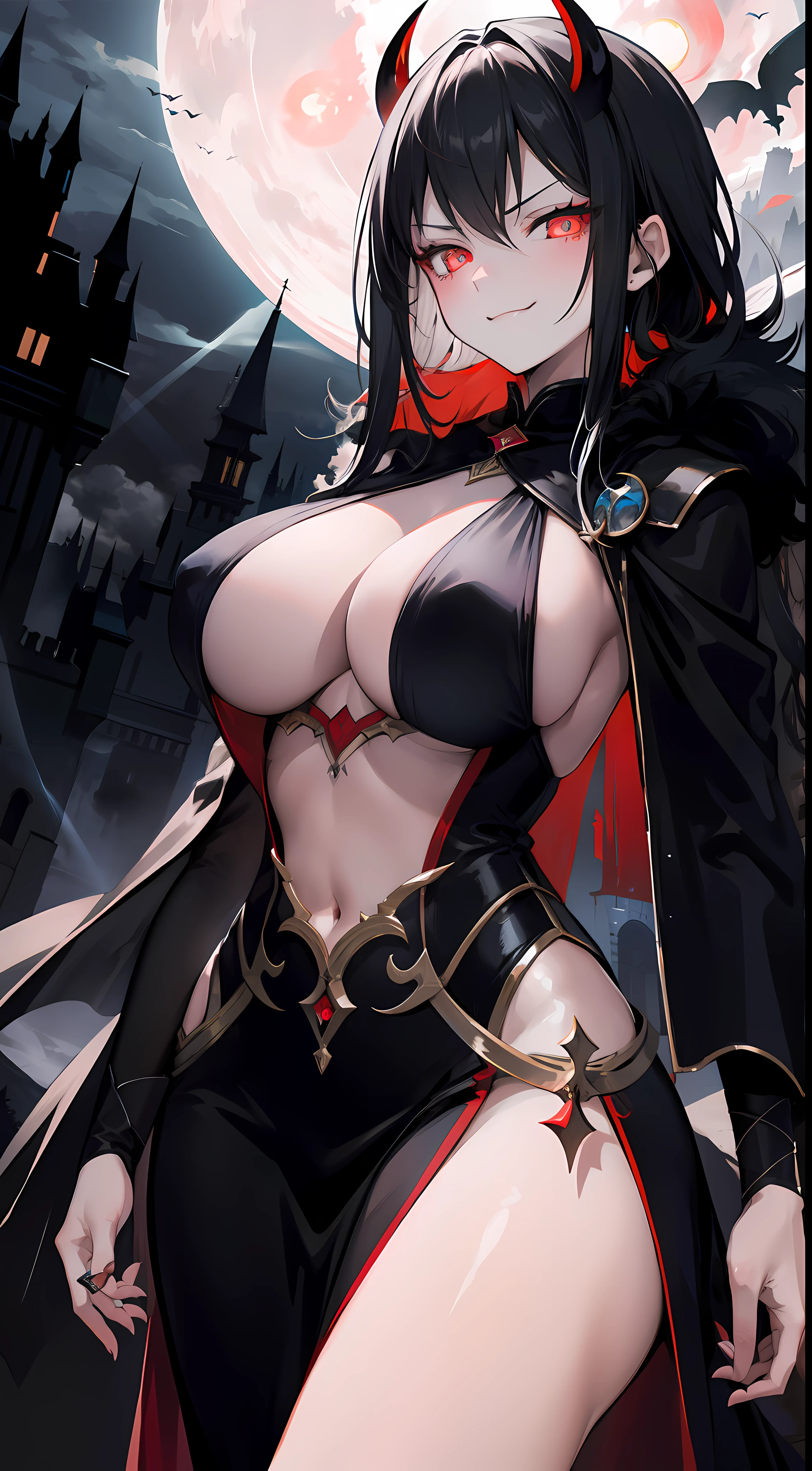 (masterpiece, best quality), asmodeus, glowing eyes, asmodeusoutfit, underboob, smirk, blushing, dark, gloomy, dramatic lighting, fog, mist, god rays, fantasy landscape, night, moon, castle, walking, girl, sexy, close up
