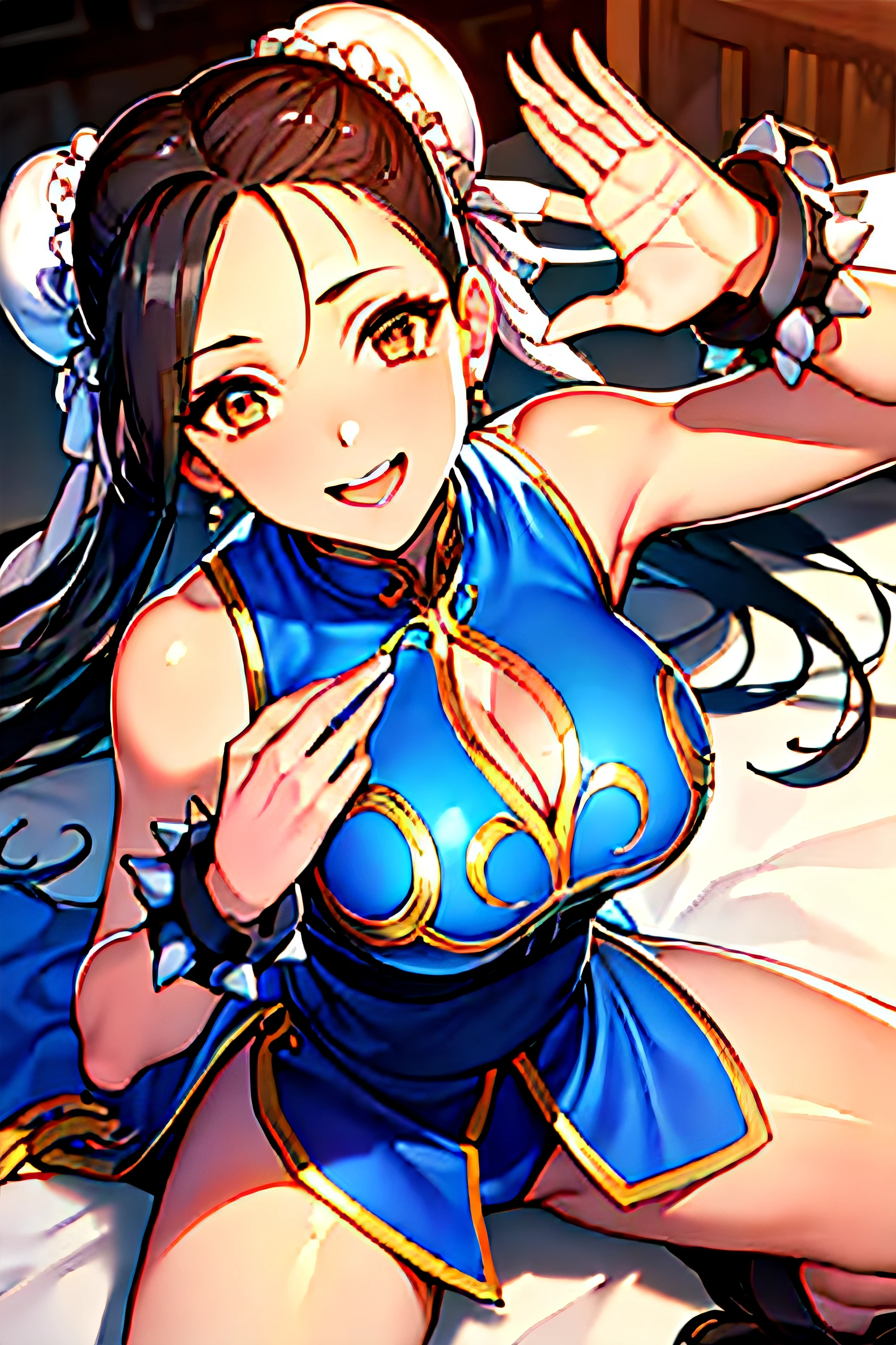 ((A masterpice、best qualified))、1girl in、独奏、ChunLi、Bedroom、cleavage of the breast、Sleeveless、thights、opening legs、is looking at the camera、I'm drooling with my mouth open、a smile、Sex