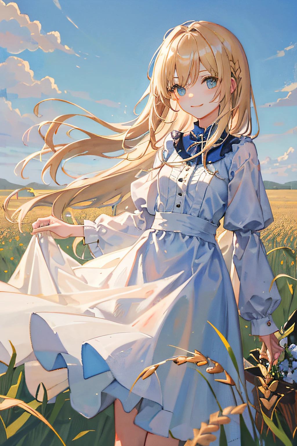 (masterpaintings,optimal quality),In the endless wheat field stood a woman,Long pale blonde hair,Wearing a white dress,Azure eyes,Girl body type,With a gentle smile,The hair is long, Very long,Petite stature