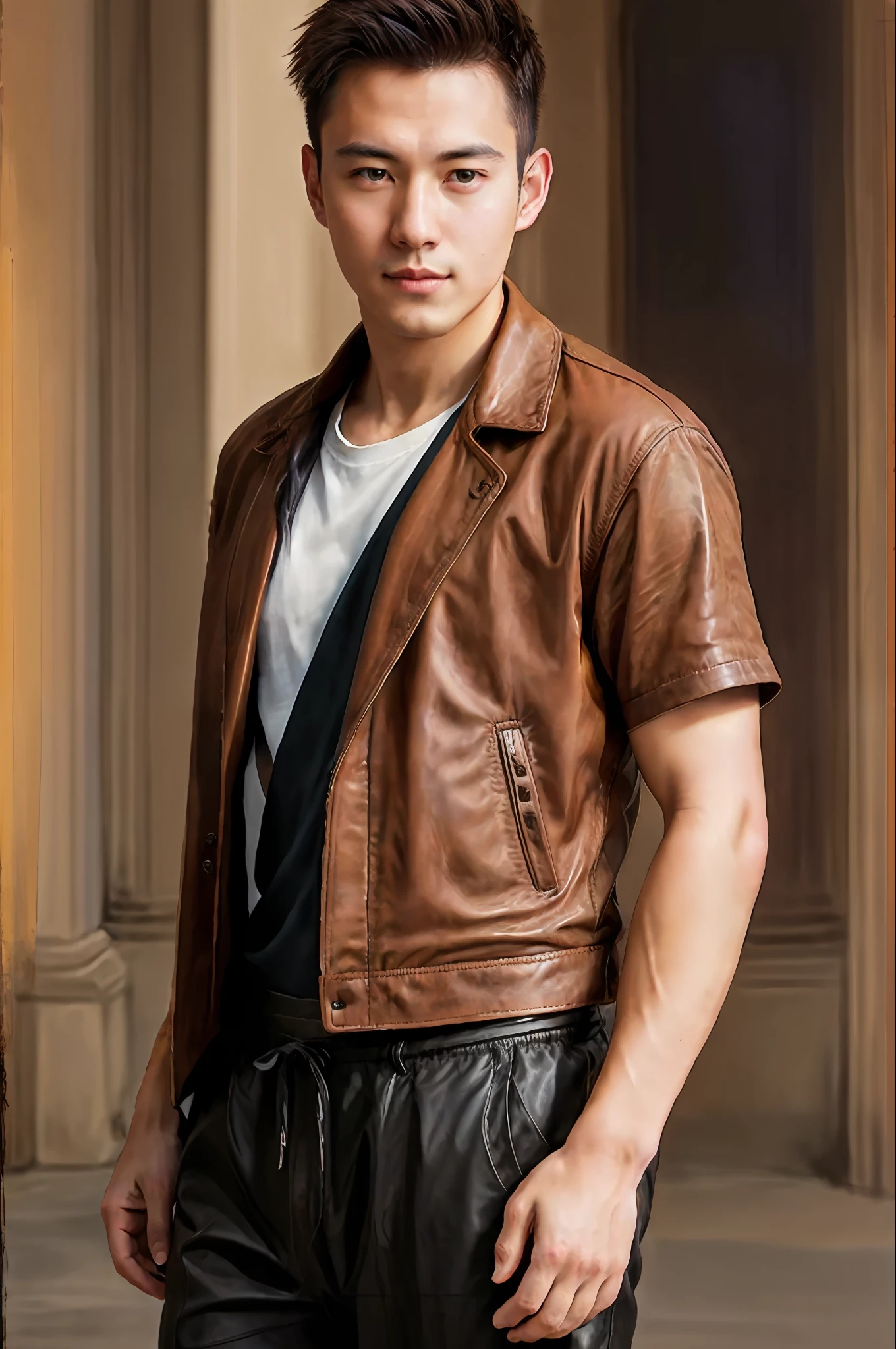1人,A handsome 20-year-old man,Expose abs,Wear long pants,Wear leather shoes,Whole human body,gentlesoftlighting,masterpaintings,optimal quality,8K UHD,digital DSLR camera,filmgrain,Fujifilm XT3 Realistic painting art,Written by Midjourney and Greg Rutkowski