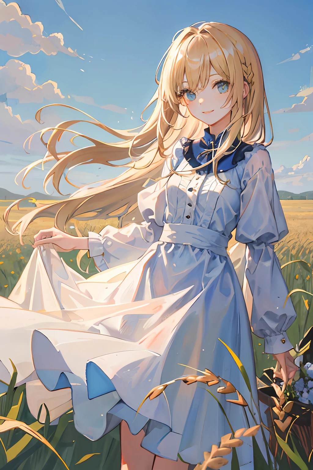 （masterpaintings，optimal quality），In the endless wheat field stood a woman，Long pale blonde hair，Wearing a white dress，Azure eyes，Girl body type，With a gentle smile，The hair is long, Very long，Petite stature