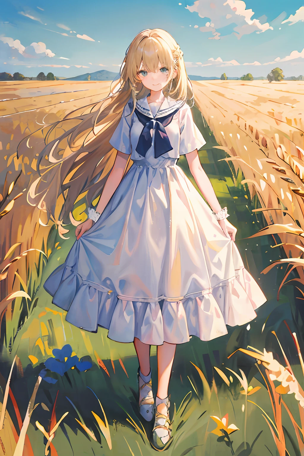 （masterpaintings，optimal quality），In the endless wheat field stood a woman，Long pale blonde hair，Wearing a white dress，Azure eyes，Girl body type，With a gentle smile，The hair is long, Very long，Petite stature