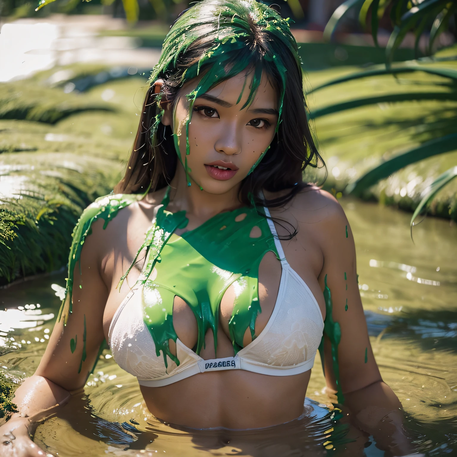 8k, HD, masterpiece, photo-realistic, fine details, sharp focus, (21-year-old Filipina model: 1.5), Asian woman, (tan skin: 1.1), perfect body, wavy hair, push-up bra, delicate eyes, long eyelashes, eyeliner, red lipstick, (green sludge dripping down head: 1.6), fully body, epic realism, alluring, sultry, realistic sludge