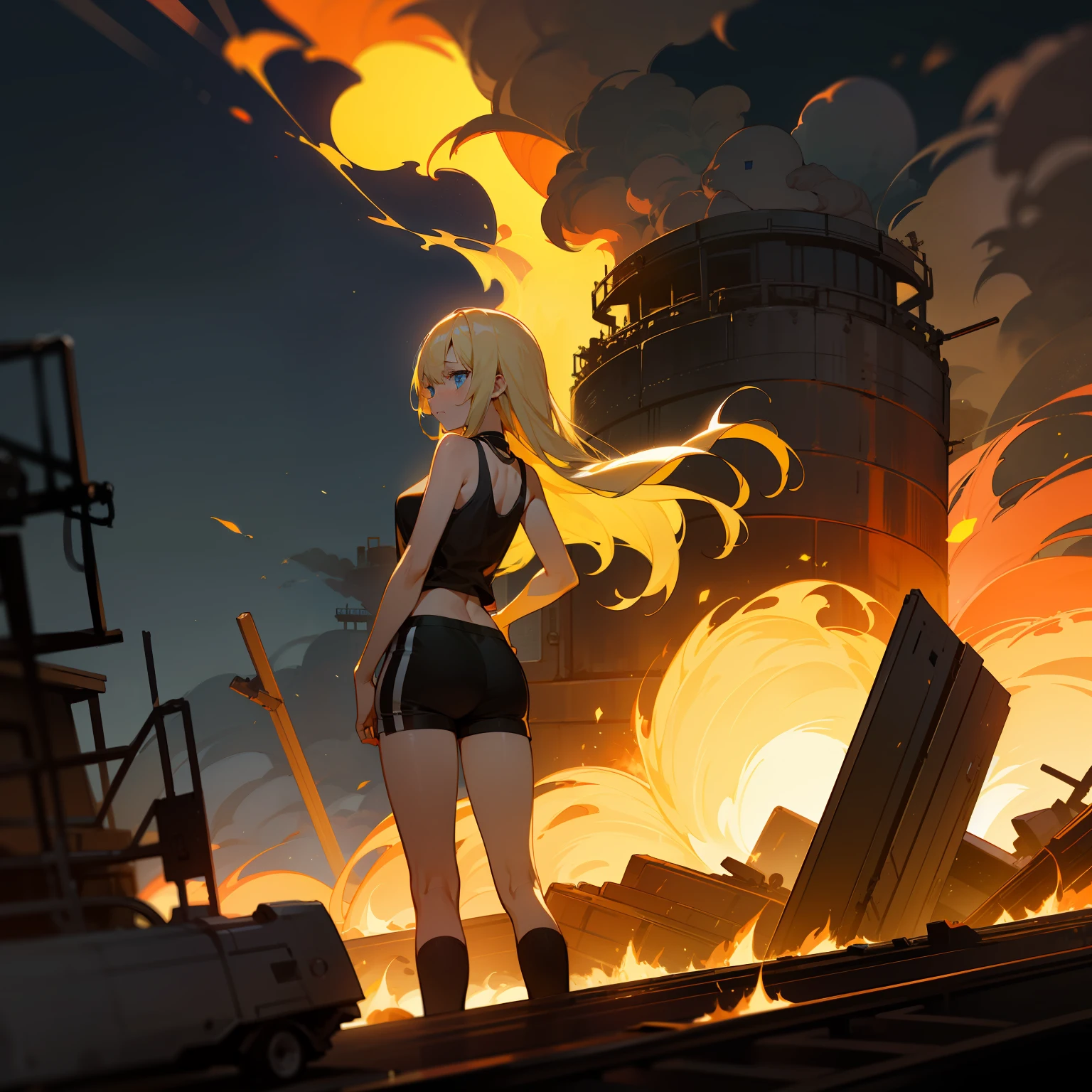A masterpice, Top image quality, Hi-Def, Beautiful blonde girl、Whole human body、Blue eyes、deadpan、Black tank top、Black spats、semi long hair、The  is standing、showing butt、by night、Military base blown up in flames、Armored car blasting into flames、