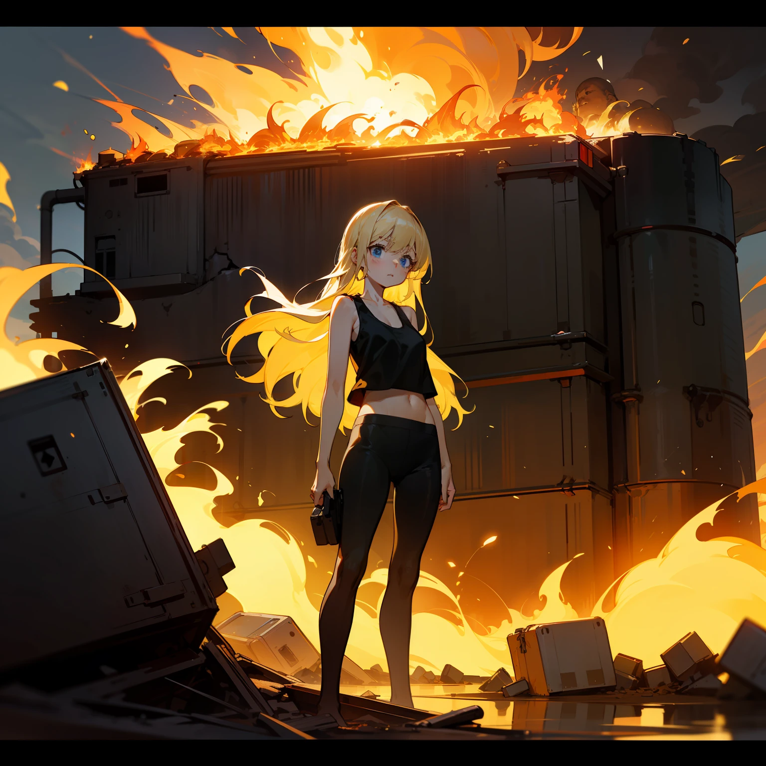 A masterpice, Top image quality, Hi-Def, Beautiful blonde girl、Whole human body、Blue eyes、deadpan、Black tank top、Black spats、semi long hair、The  is standing、showing butt、by night、Military base blown up in flames、Armored car blasting into flames、