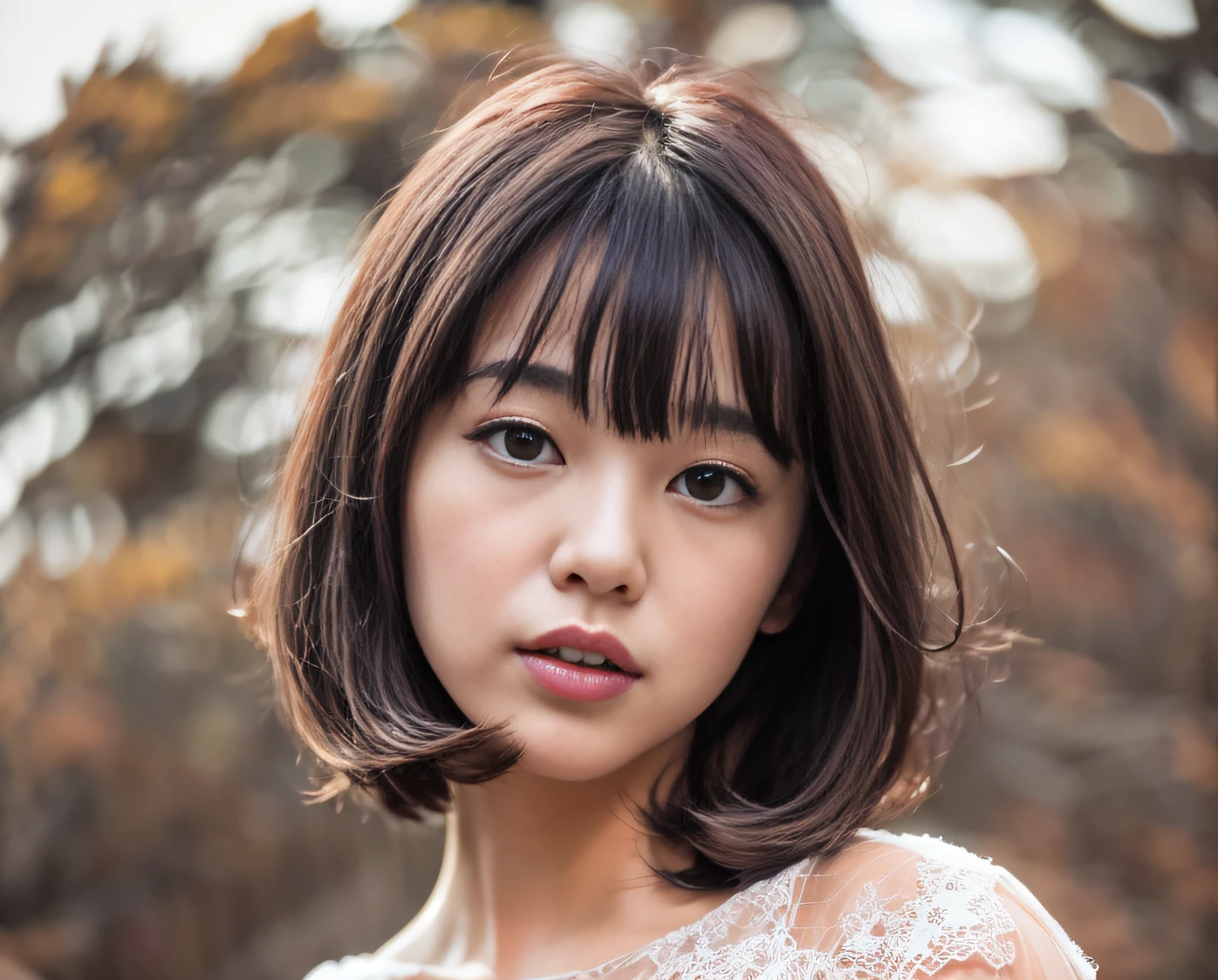 arafed asian woman with a short brown hair and a white top, with short hair, with short hair with bangs, neat hair with bangs, korean girl, beautiful young korean woman, young cute wan asian face, beautiful south korean woman, short - medium length hair, young adorable korean face, white hime cut hairstyle, chin-length hair, korean woman