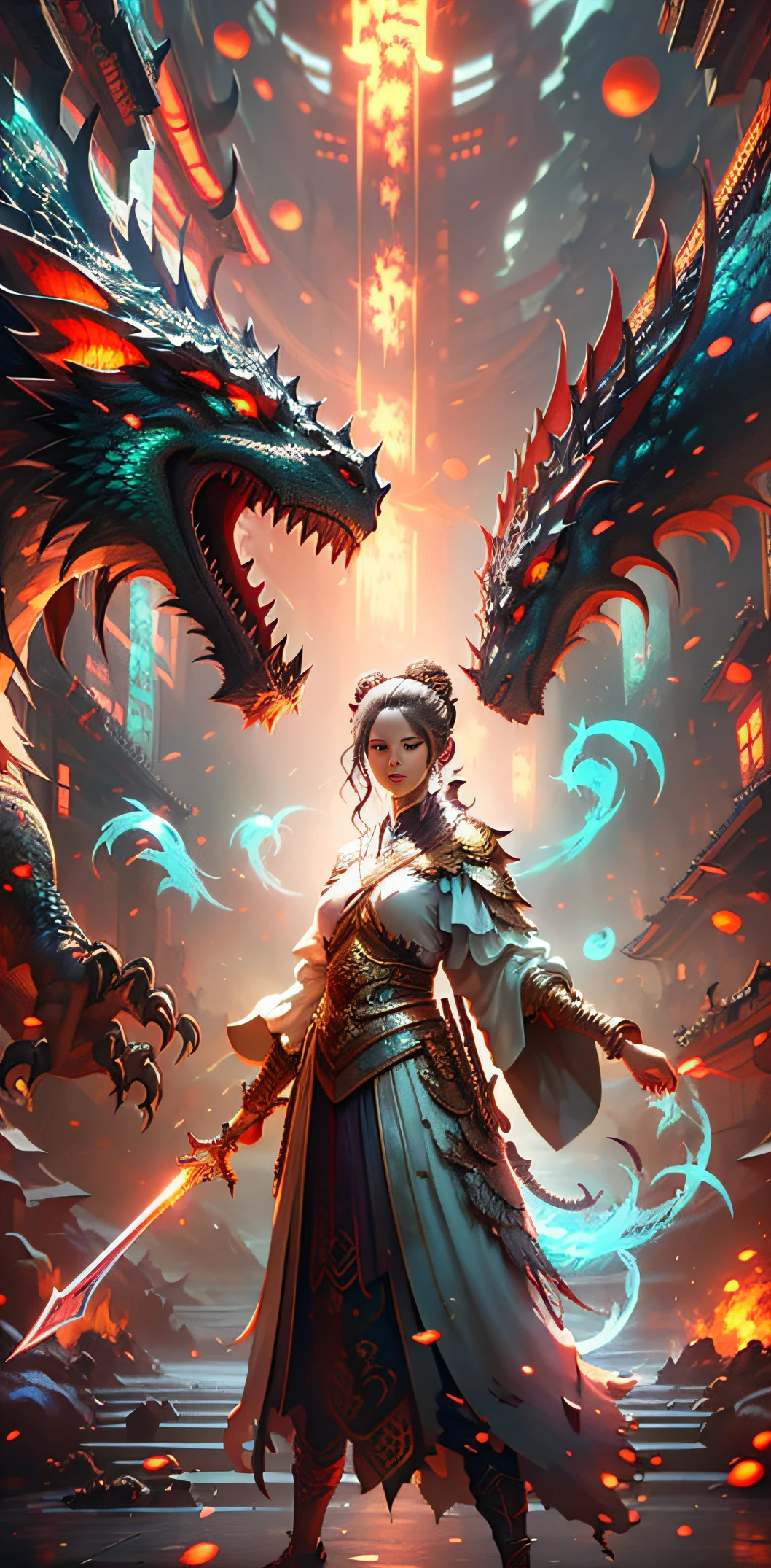 a woman standing in front of a dragon with a sword, by Yang J, queen of dragons, Dragon Girl, anime fantasy illustration, the dragon girl portrait, dragon-inspired cloth robes, Artgerm and Ruan Jia, Anime fantasy artwork, human and dragon fusion, Chinese fantasy, alice x. zhang, krenz cushart and wenjun lin