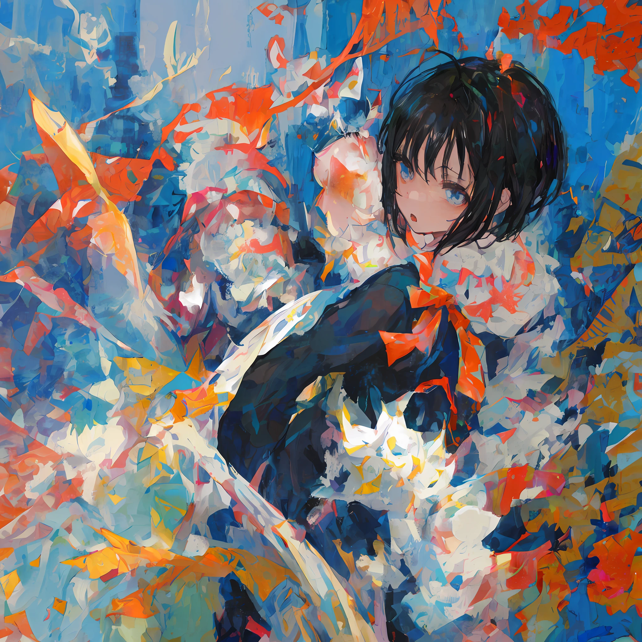 アニメ　　Black hair　Shorthair　thick painting　a Pretty　Pointed mouth