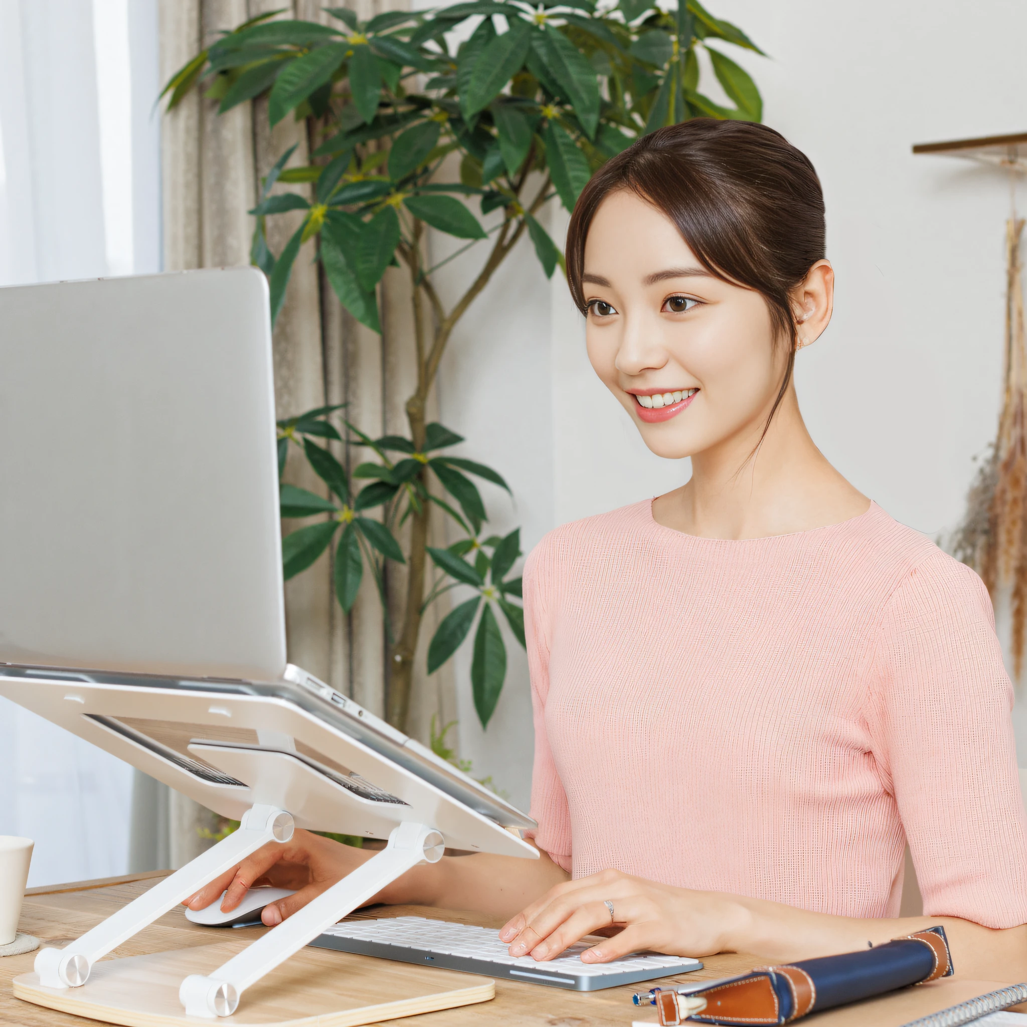 smiling woman sitting at a desk with a laptop and a pen, In front of a computer, Korean Woman, Bottom Angle, ergonomic, sitting in front of computer, korean artist, elegant study, Top Angle, Good posture, easy to use, standing on a desk, lee ji - eun, lee ji-eun, gongbi