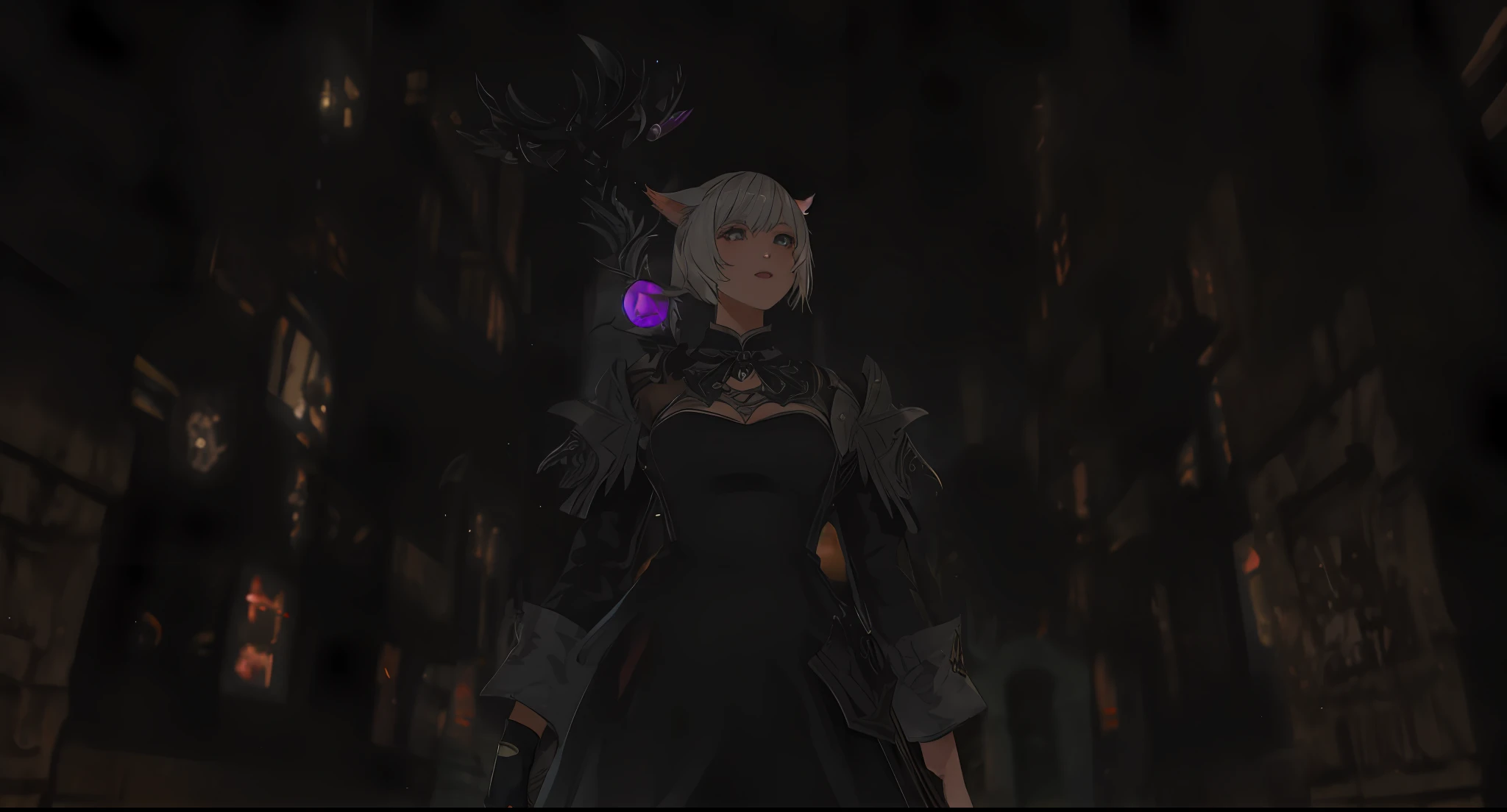 there is a woman in a black dress standing in a dark alley temple, y'shtola ff14, cat girl, final fantasy 14 style, final fantasy 1 4 screenshot, ffxiv heavensward, tranding on pxiv, npc with a saint's halo, 2b, 2 b, ffxiv, final fantasy xiv, final fantasy 14 sharp, nier 2 b, npc with a saint\'s halo