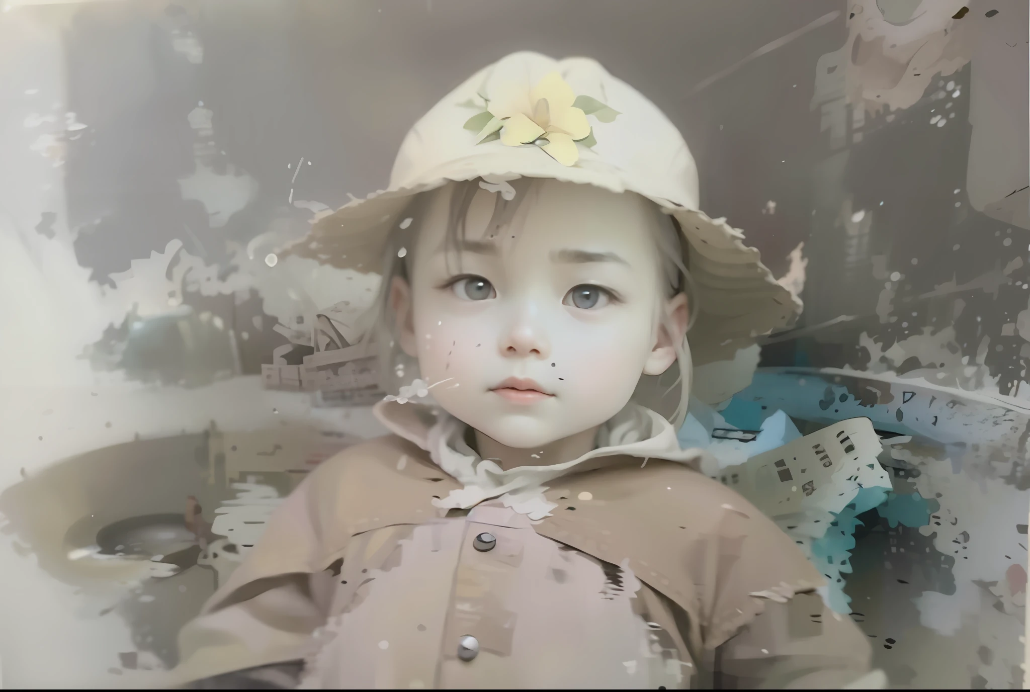 a close up of a child wearing a hat and jacket, damaged photo, grainy damaged photo, foto antiga, aged photo, color photo of, foto antiga, antique photo, very old photo, old picture, collodion photograph, rare classified photo, photo of the girl, color photo of, realistic old photograph, yanjun cheng, historical image, young child
