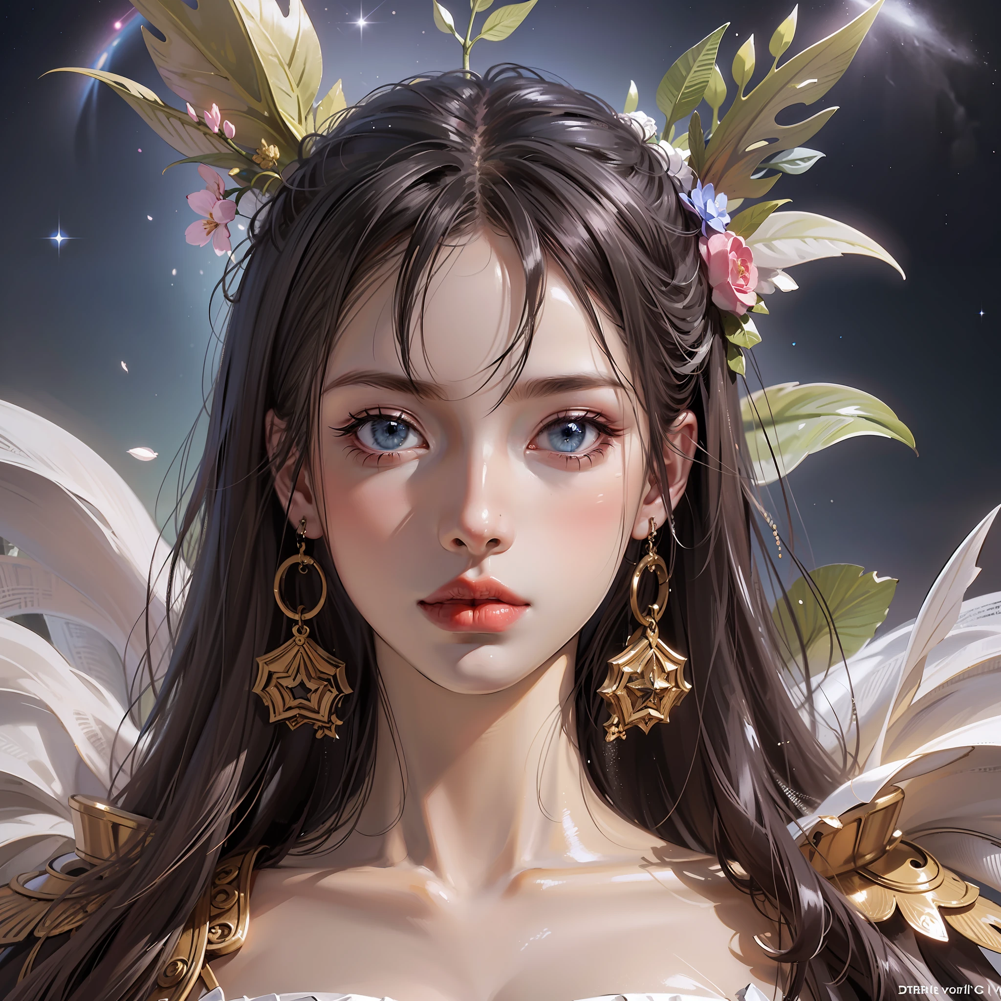 (((hyper detail))),(Extreme detail CG Unity 8K wallpaper, masterpiece, top quality), (exquisite lighting and shadows, very dramatic image, beautiful girl), (cinematic lens effect), concept art, starry sky, night city, neon, haze, looking far away, profile, Alphonse Mucha, decadence, ruin, space, full body, feathers, colorful, royal costume, charming smile, Odd Eye, Blue Eyes, (Dynamic Pose), Background is Space (Excellent Detail, Good Lighting, Wide Angle), Excellent Rendering, Decadent, Grain Film, Detailed Gradient