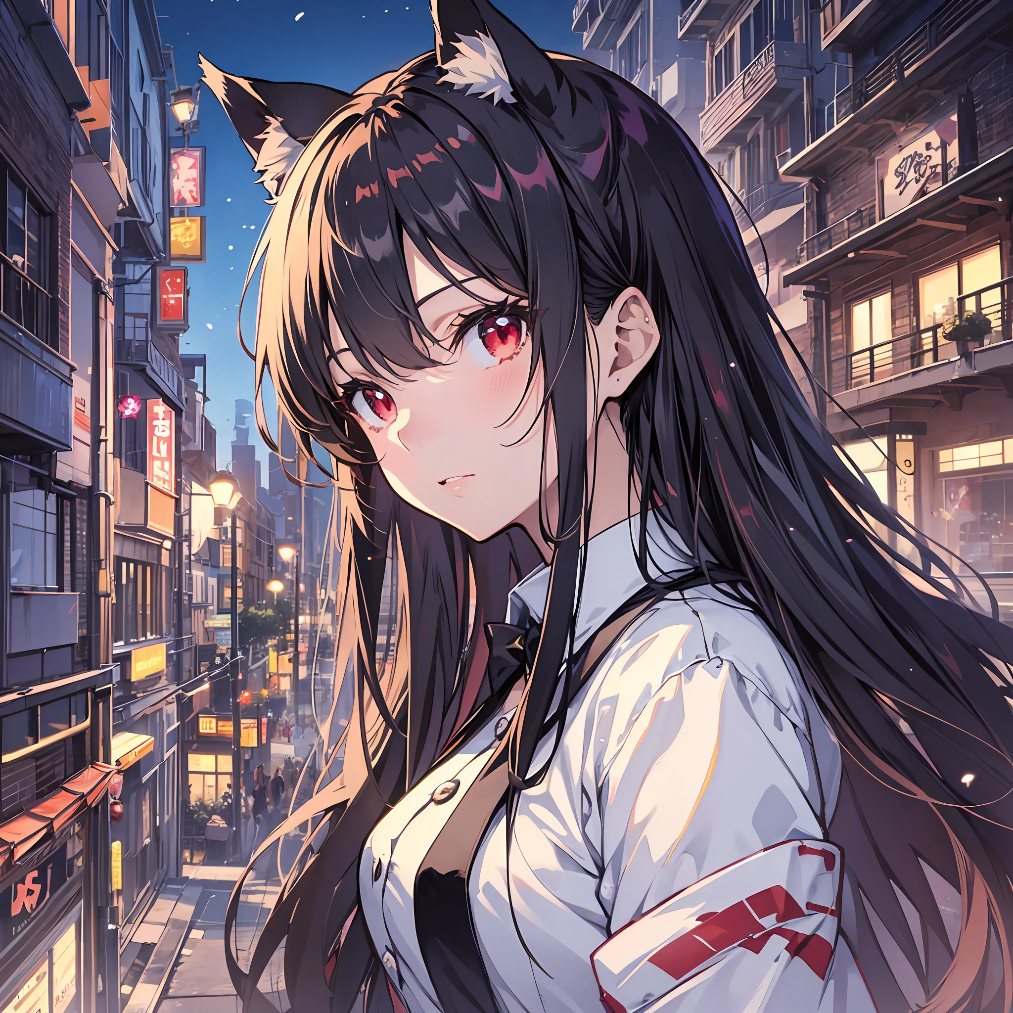 beste-Quality、8K))One woman　Anime girl with long black hair and cat ears、tohsaka-rin、anime moe art style、Fate/Anime style like Stay Night、long hair anime girl、extremely cute anime girl face、nightcore、From the front line of girls、Portrait of a cute anime girl、Anime girl with cat ears、High quality anime art style、 beautiful anime woman　　Night mood　Red eyes　ful body　Miwaki