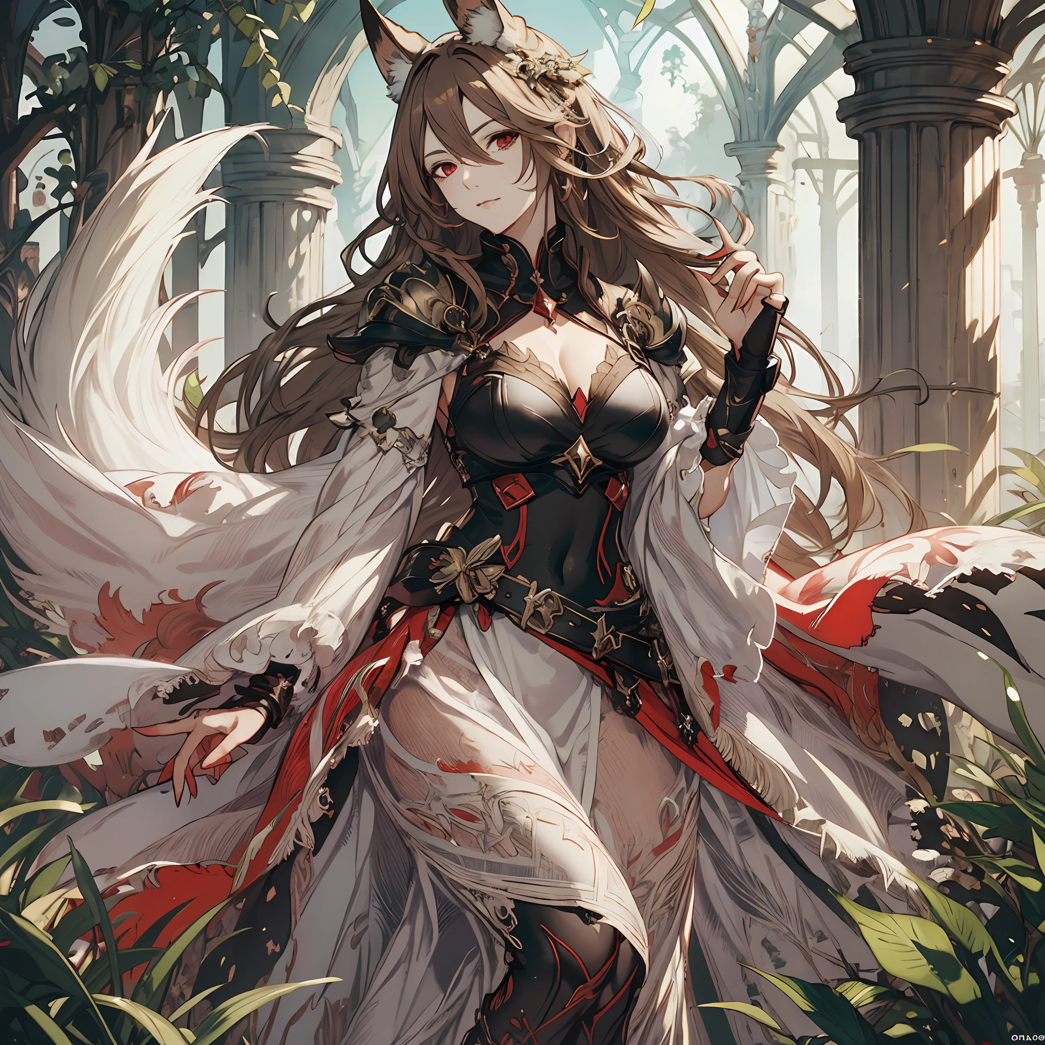 masterpiece, best quality, 1woman, adult, female focus, solo, light brown hair, long hair, vibrant red eyes, looking at viewer, closed mouth, Fantasy aesthetics, Highly detailed, shadowverse style, full body, white attire, fox ear, fox tail