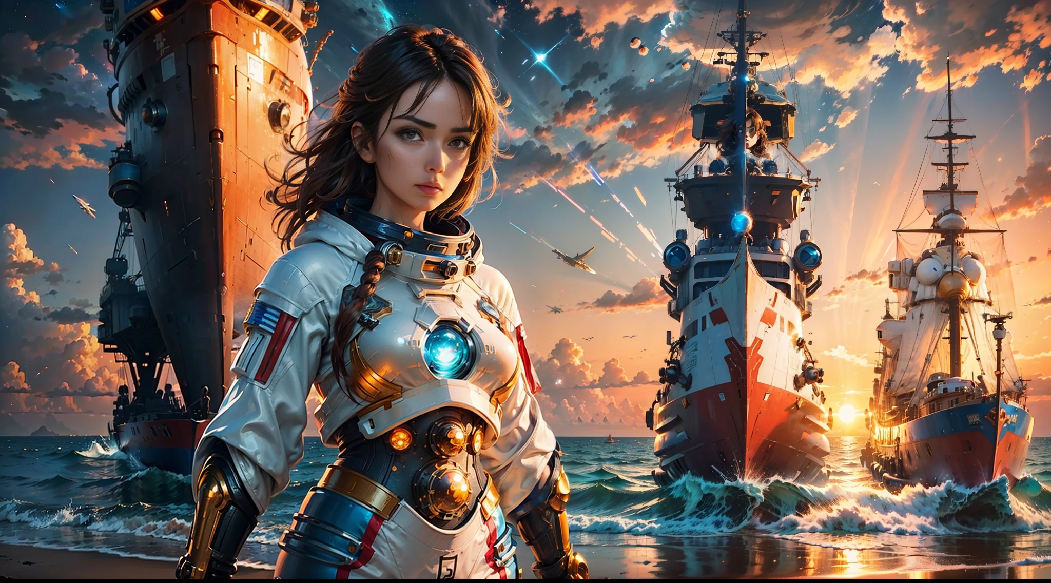 ((woman standing on the beach)), detailed anime face, mid shot, (chrome golden and blue sci-fi space suit), brown hair, (white clouds), sunset, stars, ships far away in ocean