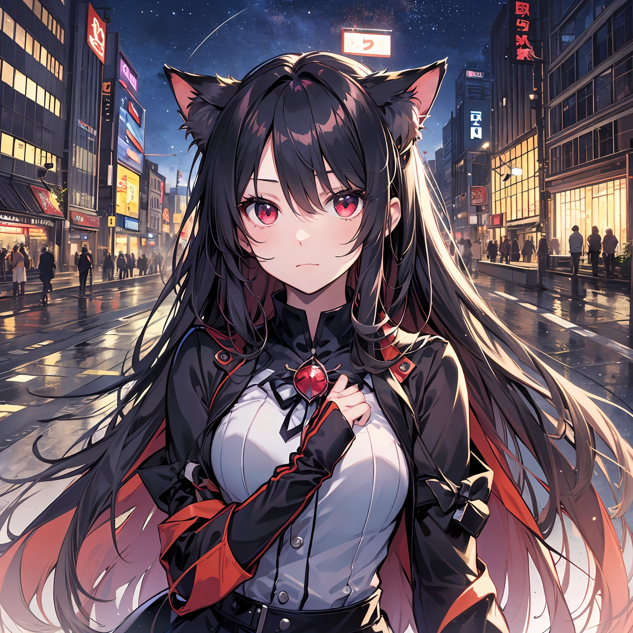beste-Quality、8K))One woman Anime girl with long black hair and cat ears、tohsaka-rin、anime moe art style、Fate/Anime style like Stay Night、long hair anime girl、extremely cute anime girl face、nightcore、From the front line of girls、Portrait of a cute anime girl、Anime girl with cat ears、High quality anime art style、 beautiful anime woman Night mood Red eyes ful body Miwaki