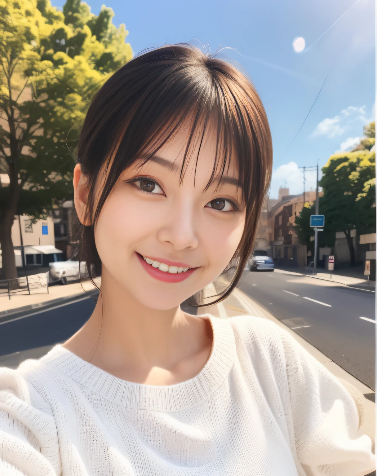 a smile、White sweater、A blue sky