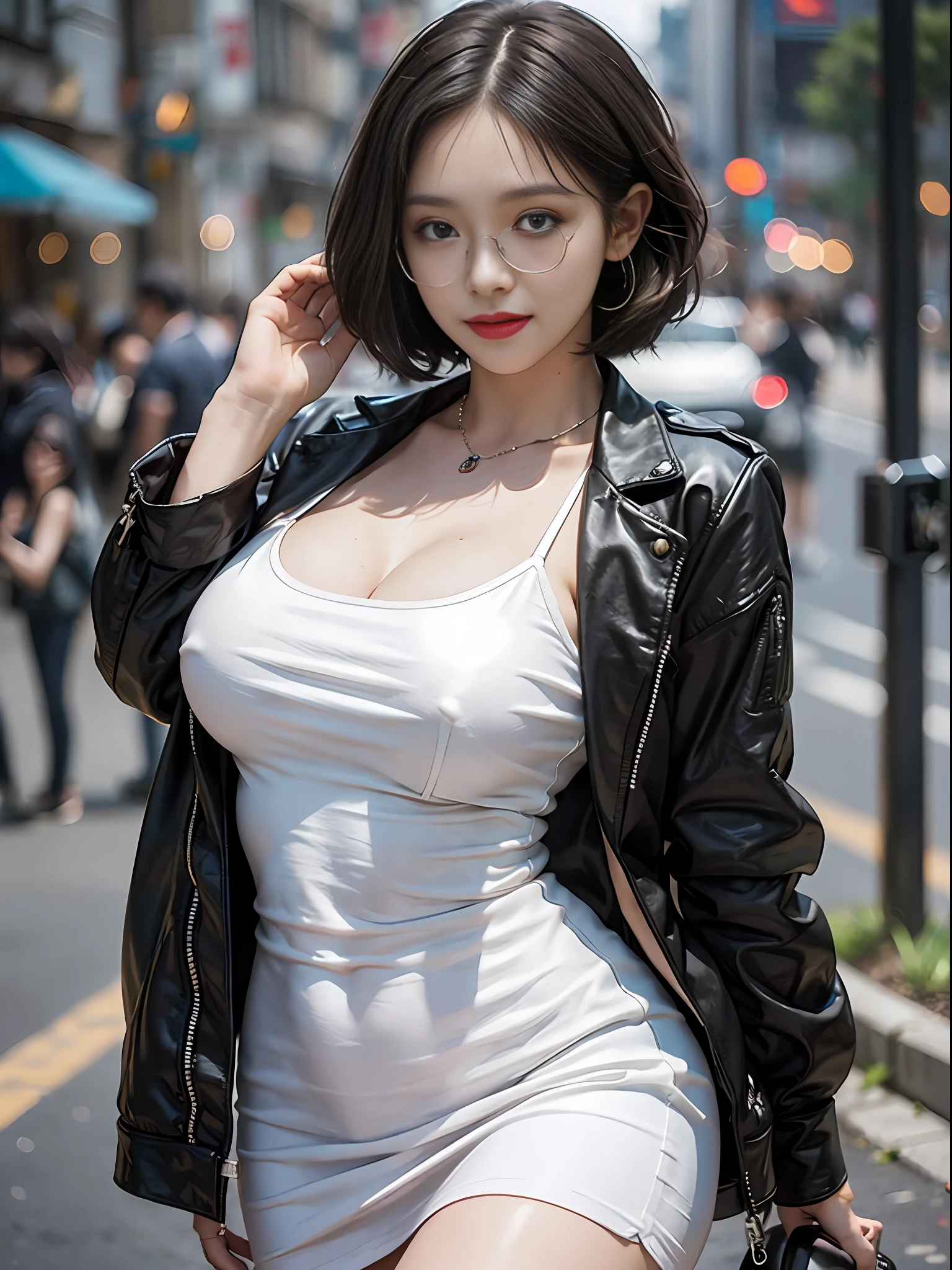 ((Best Quality, 8K, Masterpiece: 1.3)), Full Body, Focus Clear: 1.2, Outstanding Style: 1.4, (thick body: 1.2), ((black Hair, Big : 2.0)), (Neon, Street: 1.1), Highly Detailed Face and Skin Texture, Detailed Eyes, Double Eyelids, 1girl, single, best quality, large-, thick tight, masterpiece, short hair, smile, seductive smile, wearing glasses, cleavage of , office cloth, thight white shirt, pencil short skirt, short skirt, bokeh, RAW photo, shot on EOS 5D Mark IV, 35mm lens, f1.8, sharp focus, ultra sharp image, stylish model pose, cinematic light, looking the viewer, character focus, staring the viewer, seductive, attractive, elegant, classy, a simple night street background,