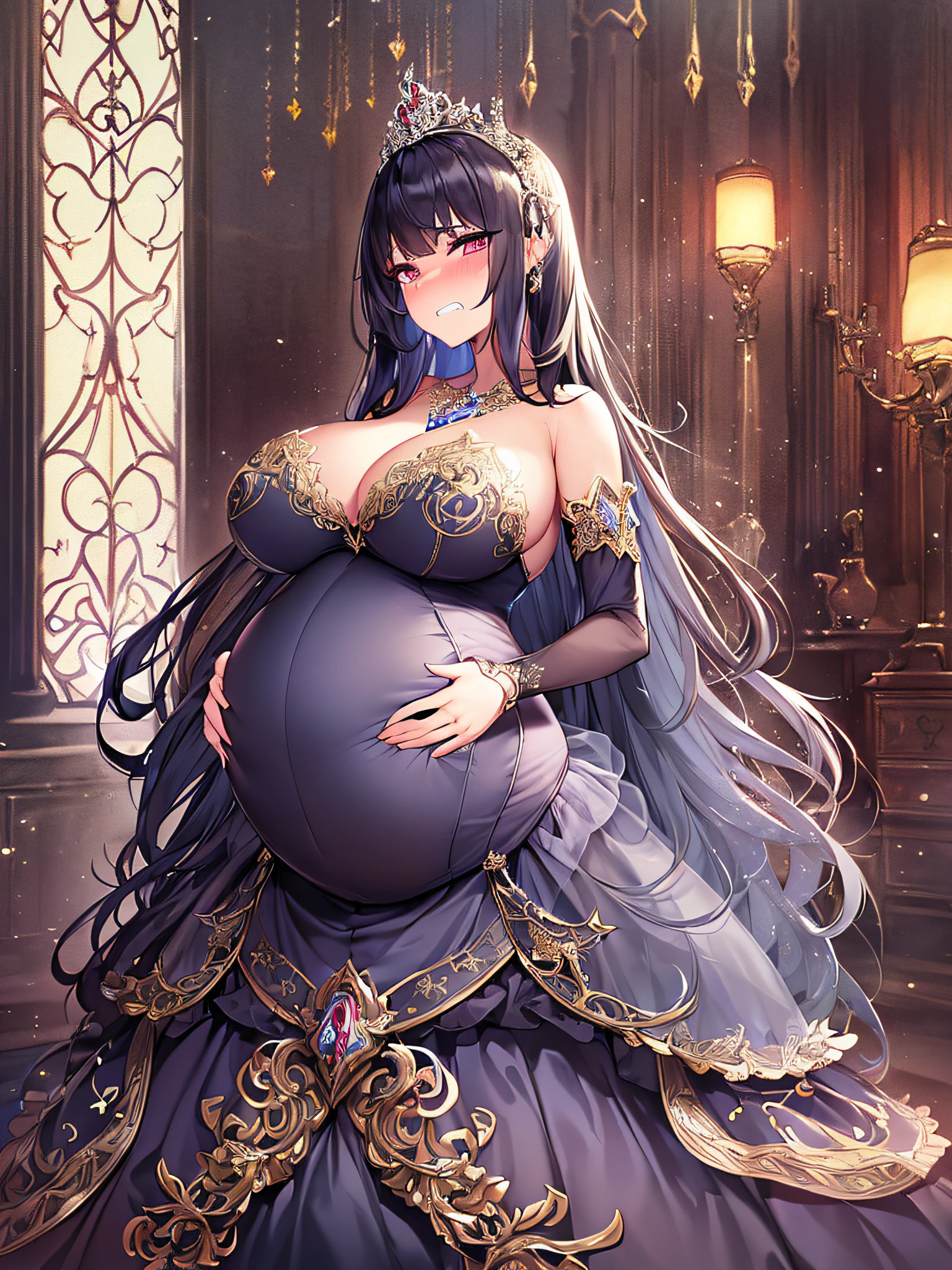 ((anime artstyle)),(Masterpiece),(Best Quality), (Super Detail),((Very Delicate and Beautiful)),Focus on character,Dynamic Angle,Looking at viewer,((Solo)),standing,(((full body))),(((one evil pregnant princess in gorgeous ball gown with voluminous skirt))),detailed face and eyes,((heavily pregnant)),((clenched teeth,blush)),embarrassed,jewel-like eyes,((Very Long voluminous Hair)),gorgeous embroidery and lace,See-through,ornate ruffles,Gorgeous jewelry ornaments,luxury hair ornament,luxury and evil tiara with jewels,(gigantic breasts,Long breasts),full body,(((evil and dark atmosphere))),full body,heavily pregnant,(inside of prison),jeweled evil ball gown,(((gorgeous ball gown with voluminous skirt)))