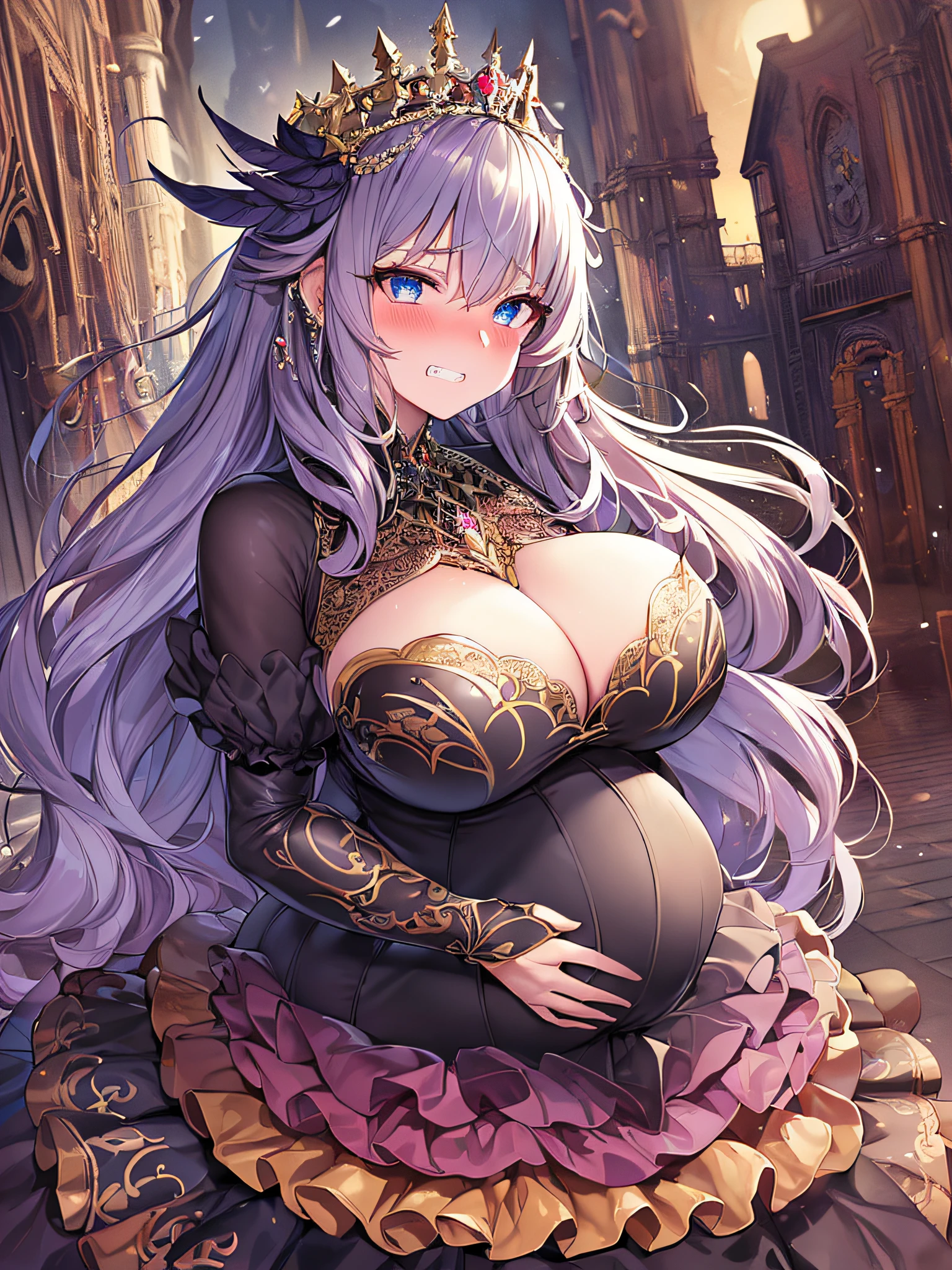 ((anime artstyle)),(Masterpiece),(Best Quality), (Super Detail),((Very Delicate and Beautiful)),Focus on character,Dynamic Angle,Looking at viewer,((Solo)),standing,(((full body))),(((one evil pregnant princess in gorgeous ball gown with voluminous skirt))),detailed face and eyes,((heavily pregnant)),((clenched teeth,blush)),embarrassed,jewel-like eyes,((Very Long voluminous Hair)),gorgeous embroidery and lace,See-through,ornate ruffles,Gorgeous jewelry ornaments,luxury hair ornament,luxury and evil tiara with jewels,(gigantic breasts,Long breasts),full body,(((evil and dark atmosphere))),full body,heavily pregnant,(inside of prison),jeweled evil ball gown,(((gorgeous ball gown with voluminous skirt)))