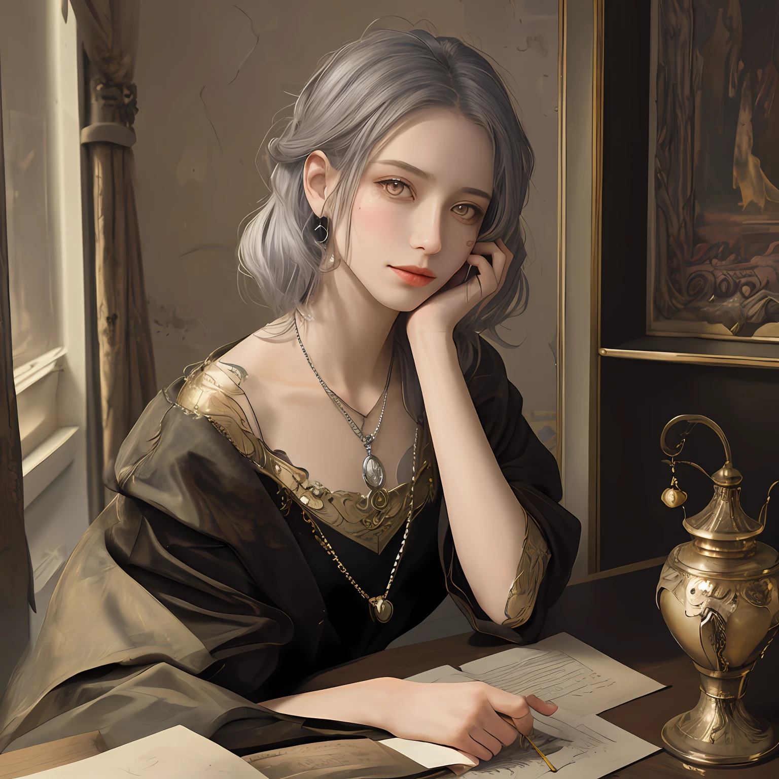 Masterpiece,Polish Woman, like Jūstitia,libra,fortune,((1 girl))),Teen, Silver midium hair,old scales on the desk,((Dark eyes)),Detailed face, Upper body, 3/4 shot, (Skin pores:1.1), 4K, Hyperrealism, Realistic, Hyper-realistic, High Resolution, 35mm lens, Cinematic, Soft lighting, Magnificent Real , Faded, ((neutral)), (HDR:1.5), Muted colors, Pastel, Warm light, Dramatic light, Complex background, Complex detail, Ultra detail, Magnificent, Elegant cinematography, light smile, steampunk goddess of justice, amulet, evening antique shop in background, small lips