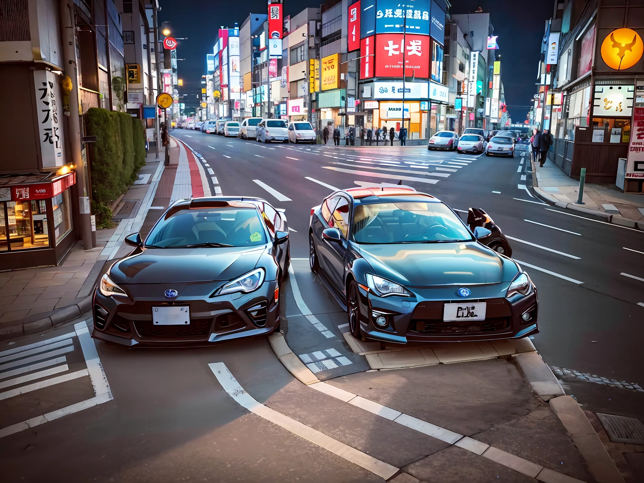 Tokyo Metropolitan Expressway, in tokyo at night, in neo tokyo, in the night time!!, Two cars on the streets of Tokyo, in Tokyo under, in the streets of tokyo, Shooting with a SLR、 night photo, in a japanese town at night, on rooftop tokyo night、An ultra-high picture quality、High contrast、High saturation、Blue Honda S2000、White Toyota 86,spot lights、Cool,Left car body color white、Right car body color blue、Real world、realisticlying、Realstic、