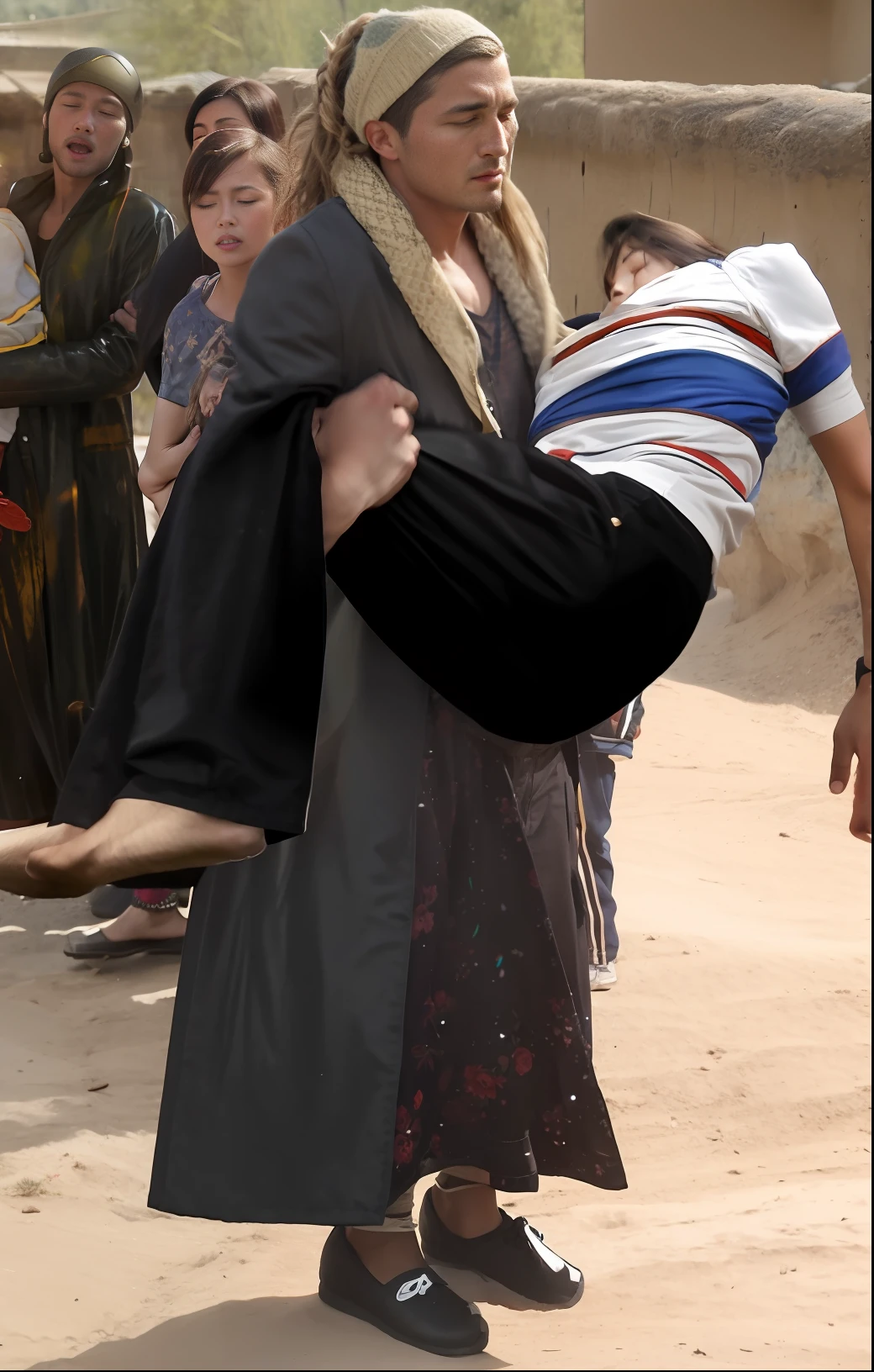dramatic action pose, woman that is carrying a skinny man, there is a beautiful woman in a shiny coat who is carrying a blond man in her arms, a longhaired beautiful woman in a high-shine black puffy coat, a longhaired woman in a shiny downcoat, a woman is carrying a shorthaired man who is wearing black shorts, a weak man in black shorts is consciousless and needs to be carried, a shorthaired man with closed eyes is carried in the arms of a longhaired woman, a woman looks very scared and terrified, a consciousless man with closed eyes is suffering very much and has a very painful face, photo, photo shoot, photographed