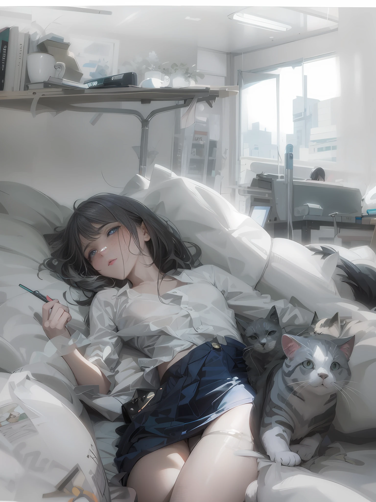 there is a woman laying in bed with a cat and a remote control, artwork in the style of guweiz, guweiz on pixiv artstation, guweiz, guweiz on artstation pixiv, soft anime illustration, guweiz masterpiece, anime style 4 k, Anime art wallpaper 8k, 4k anime wallpaper