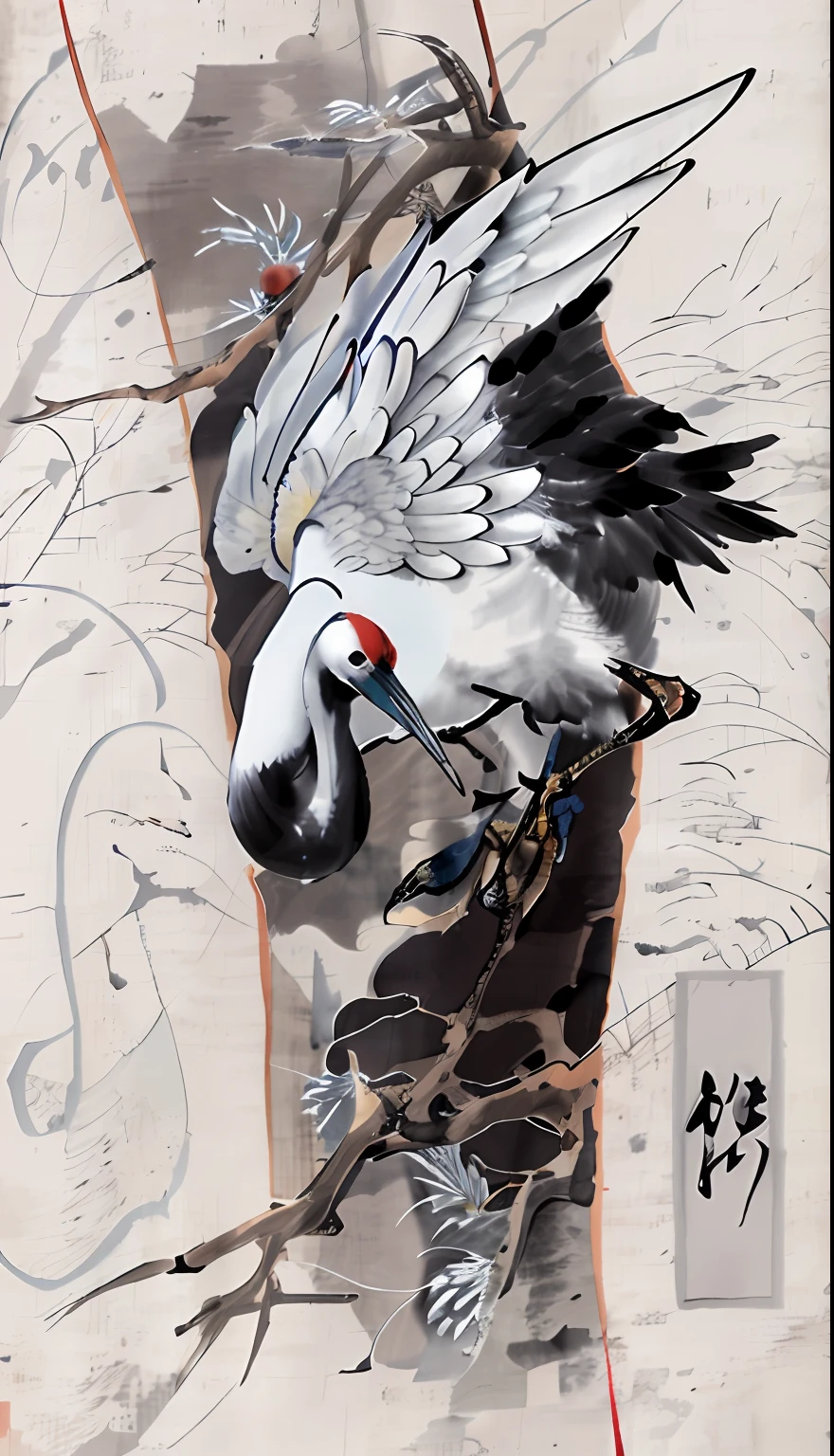 There is a bird with a long beak standing on a branch,, japanese crane bird in center, traditional japanese concept art, Japanese art style