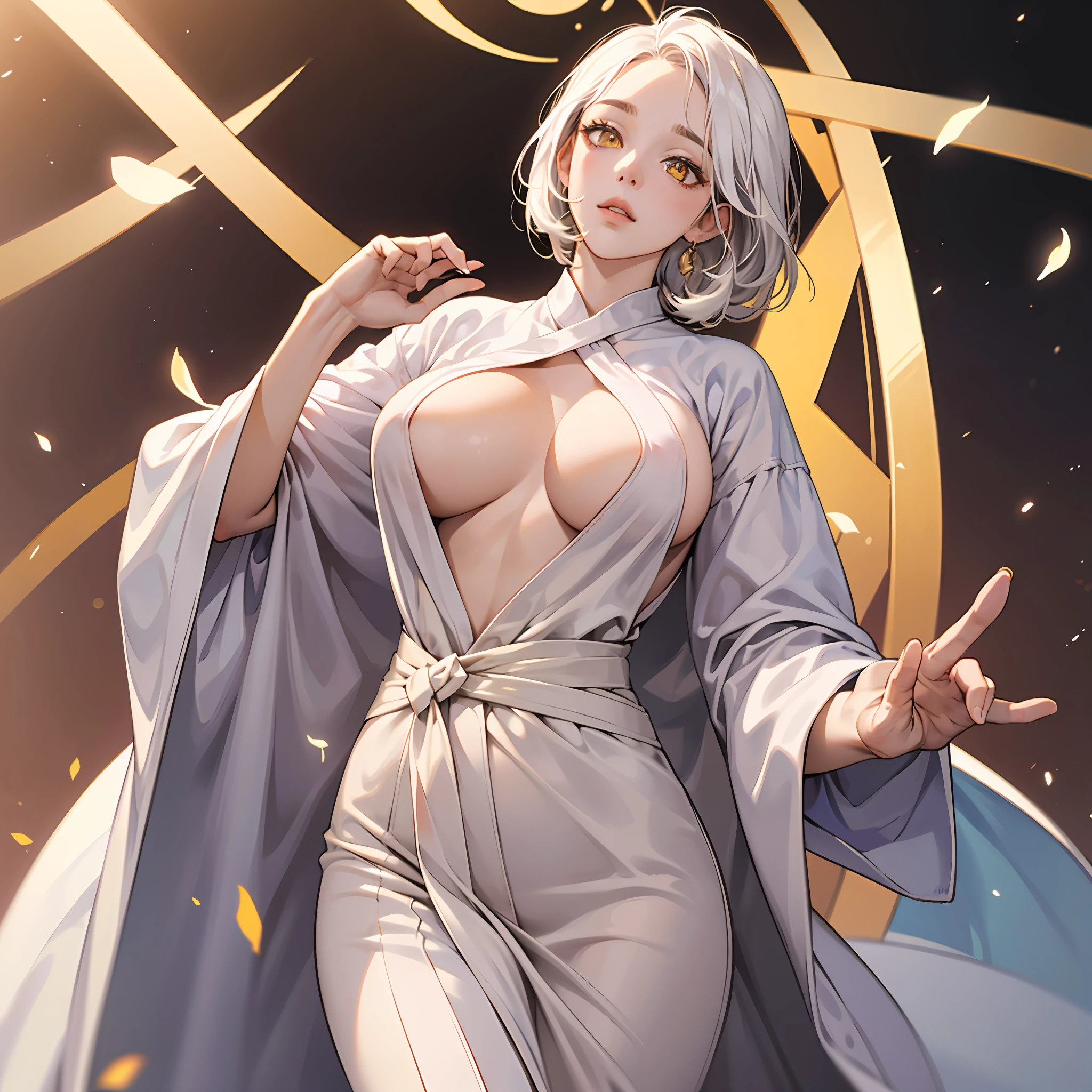 Need,nmasterpiece,whitehair,Golden eyes,White robe,Look up,Whole human body,Hairline,Fair skin,Exposed TITS，largebreasts --auto