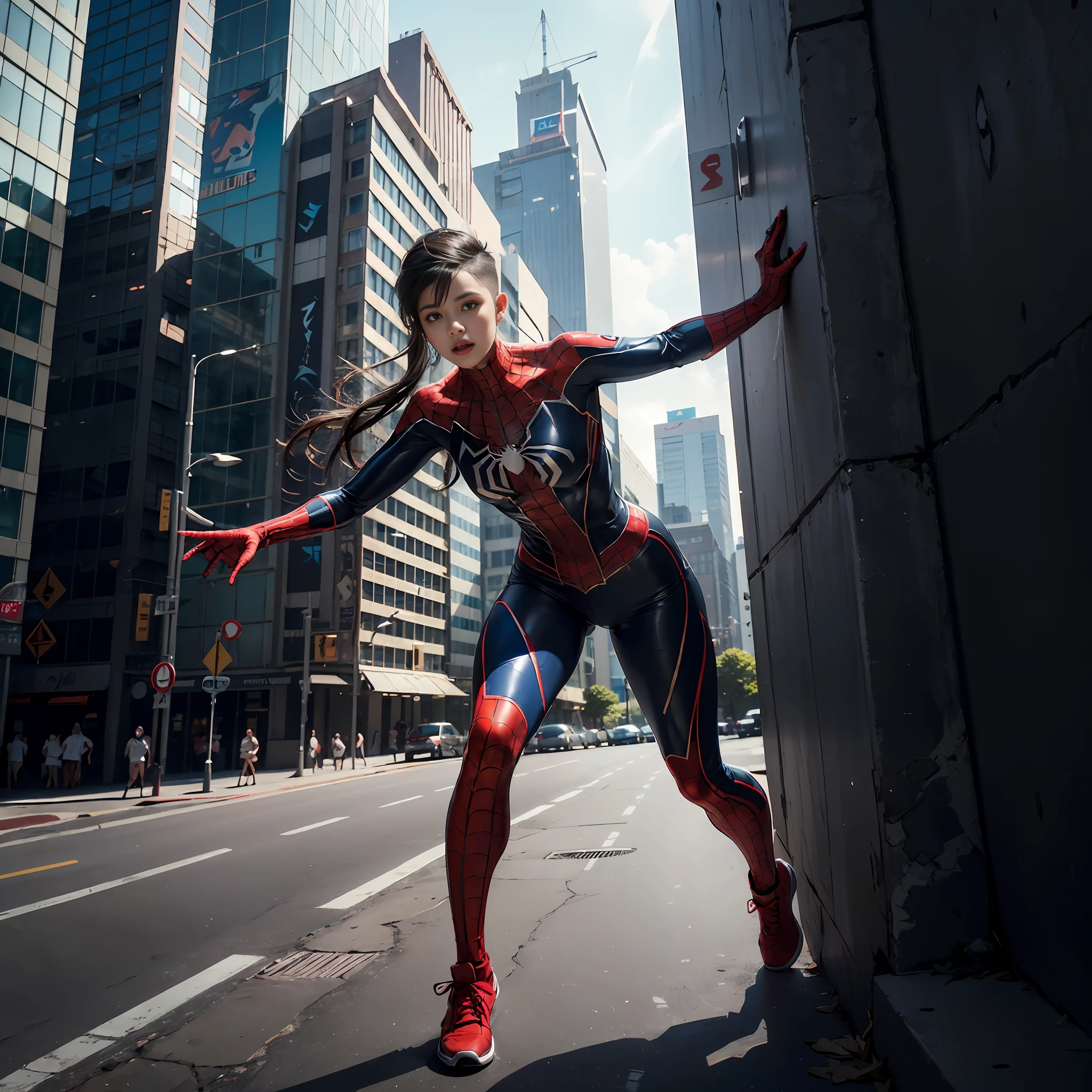 a sexy curvy girl, wearing authentic spiderman cosplay custume, outdoor city setting, full body shot, running close to the wall of a skyscraper, paranormal, photorealistic, (hi-top fade:1.3), dynamic cinematic pose, alluring, long hair soothing tones, muted colors, high contrast, (natural skin texture, hyperrealism, soft light, sharp),