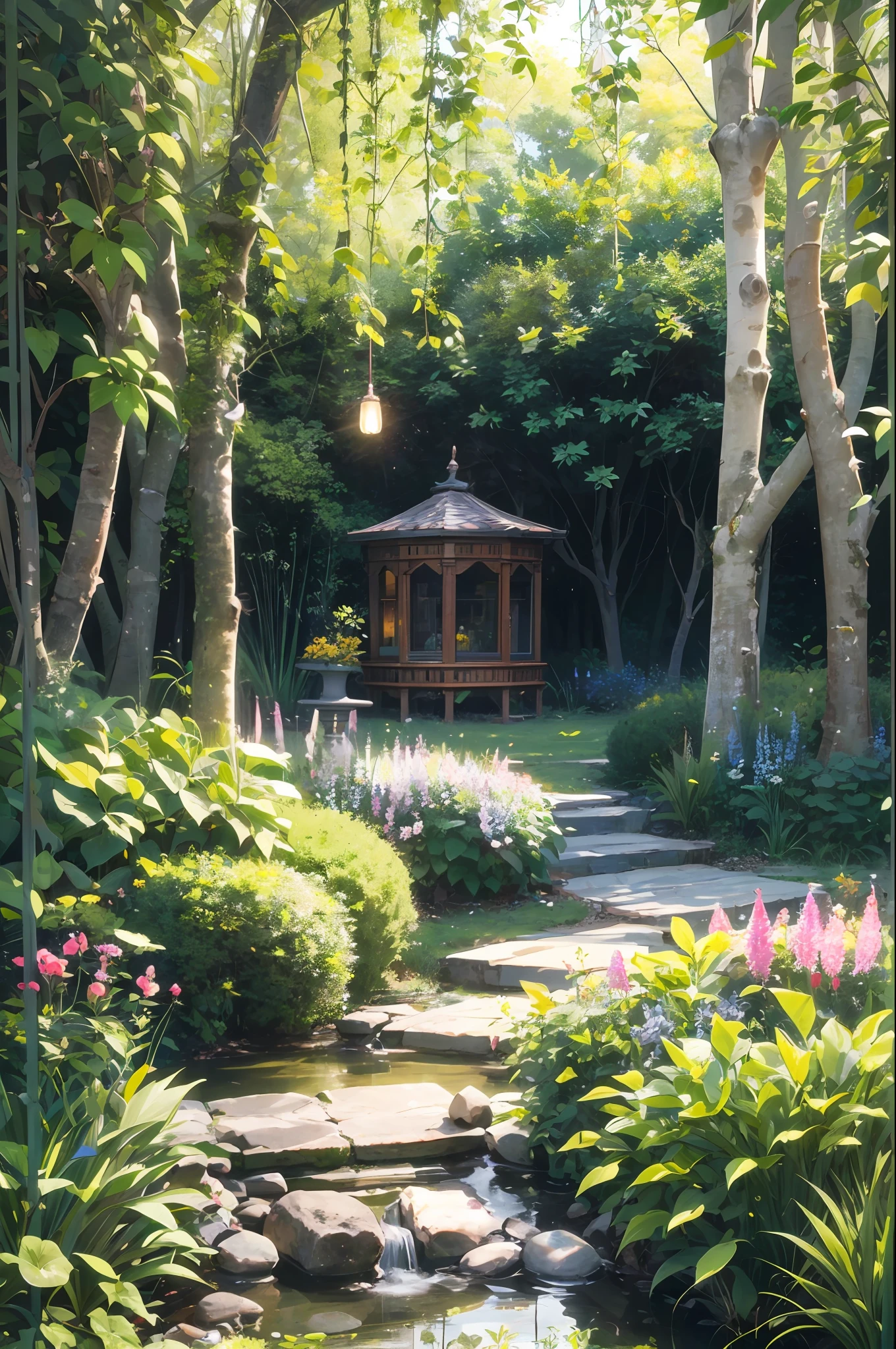 Enter a charming rustic garden, where nature reveals itself in its most genuine form. Irregular stone paths lead to every nook and cranny, revealing surprises at every step. The soft scent of wildflowers lingers in the air, while the lush green of plants envelops the space in its serenity.

In the shade of ancient trees, you will find cozy wooden benches, inviting you to rest and contemplate. Ceramic vases with delicate flowers color the corners, bringing a touch of life and joy to the environment. The soft sound of a water fountain echoes harmoniously, creating a serene and relaxing atmosphere. The birds sing enchanting melodies, bringing the feeling of being immersed in nature itself.

A small pergola covered in vines offers a cozy space to enjoy quiet moments. At night, delicate pendant lights gently illuminate the garden, creating a magical and welcoming atmosphere.

In this rustic garden, time seems to slow down. Each element is carefully arranged to create an enchanting haven where peace, serenity and connection with nature can be found. It's an invitation to get lost in the charms of this green oasis and recharge your energies amidst the simple and adopted beauty of nature. --auto --s2