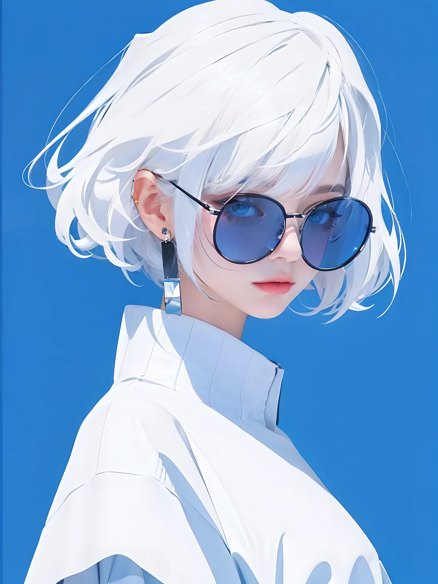 (photorealistic:1.4), best quality, masterpiece, ultra high res, 1girl, (detailed face:1.2), (detailed eyes:1.2), (detailed hair:1.2), (detailed clothes:1.2), 4k, (detailed color:1.2), glasses, earring, white hair,